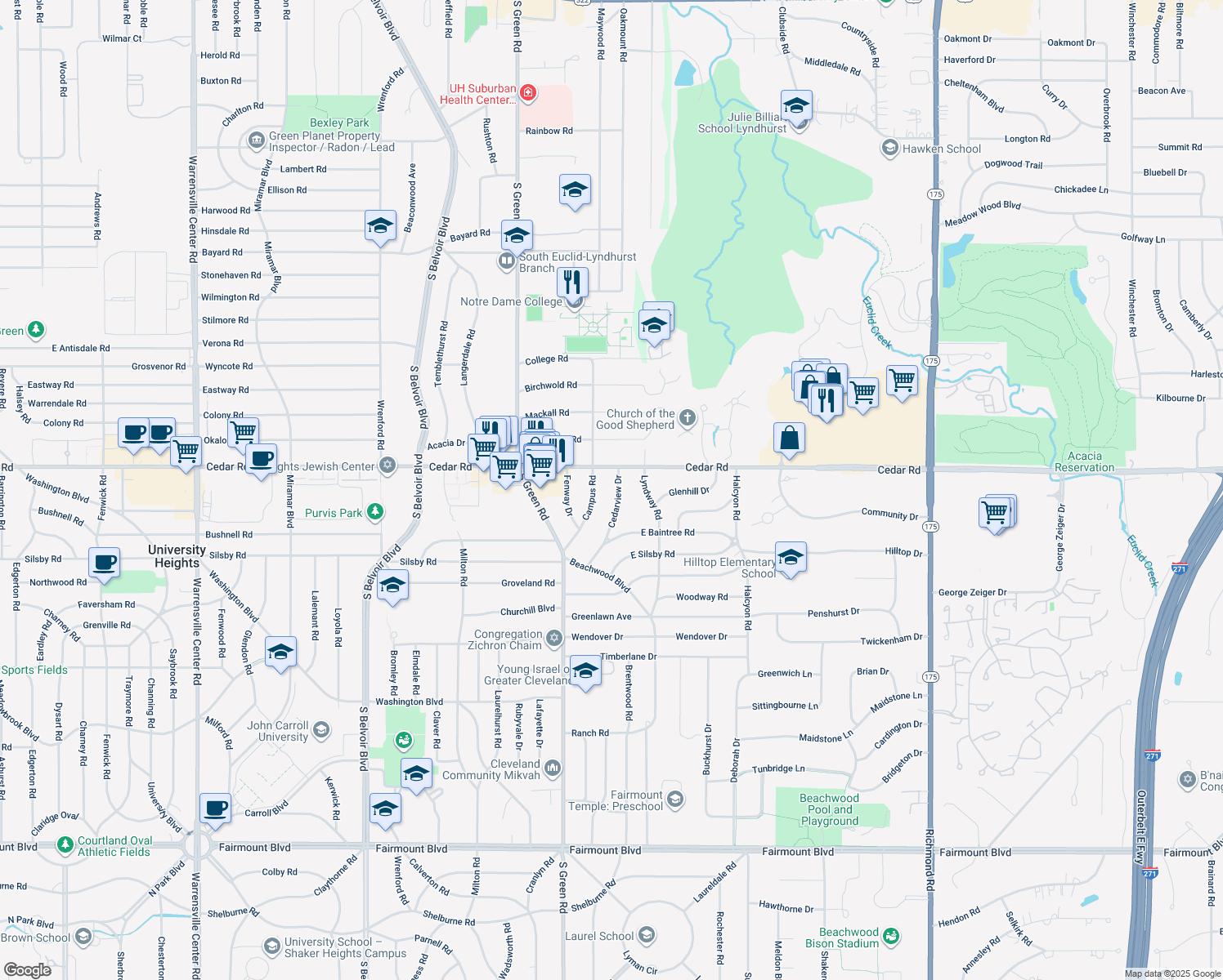 map of restaurants, bars, coffee shops, grocery stores, and more near 2132 Cedarview Drive in Beachwood