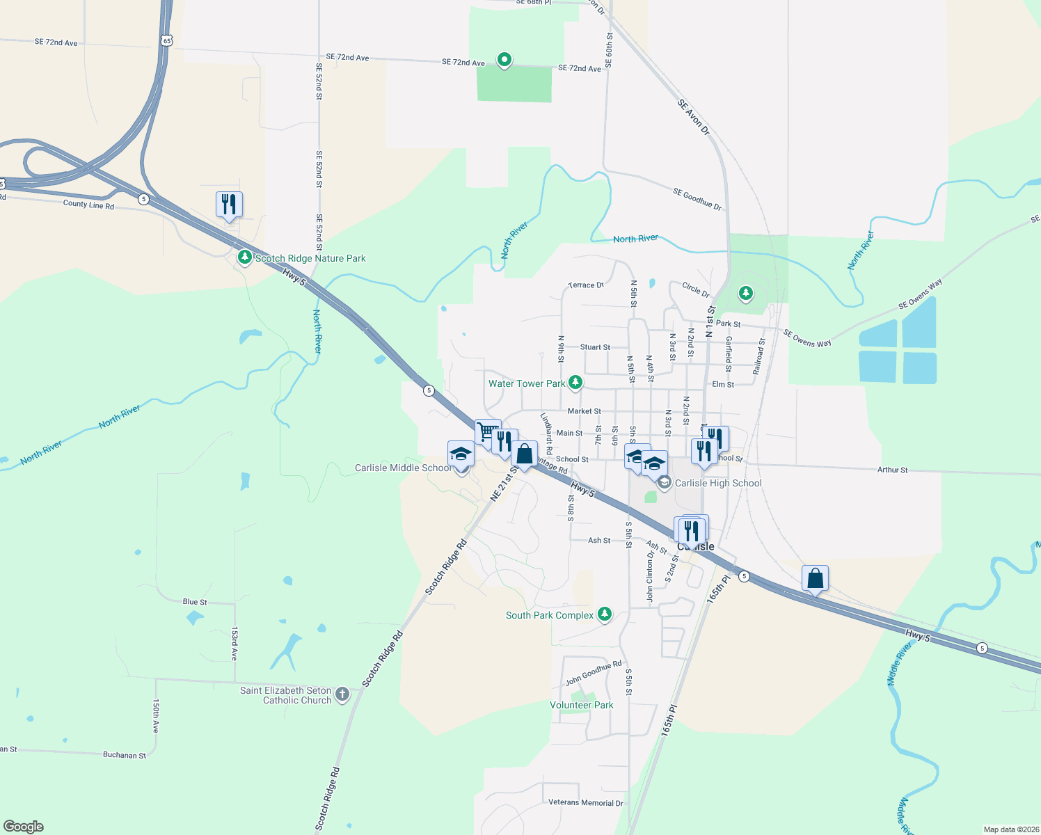 map of restaurants, bars, coffee shops, grocery stores, and more near 1020 Market St in Carlisle