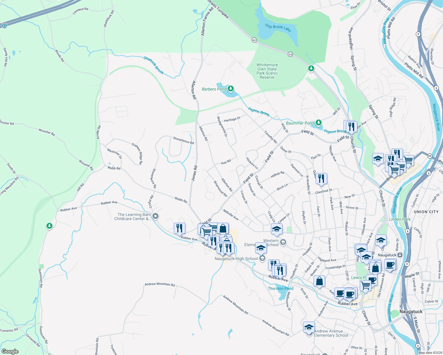 map of restaurants, bars, coffee shops, grocery stores, and more near 68 Allerton Road in Naugatuck