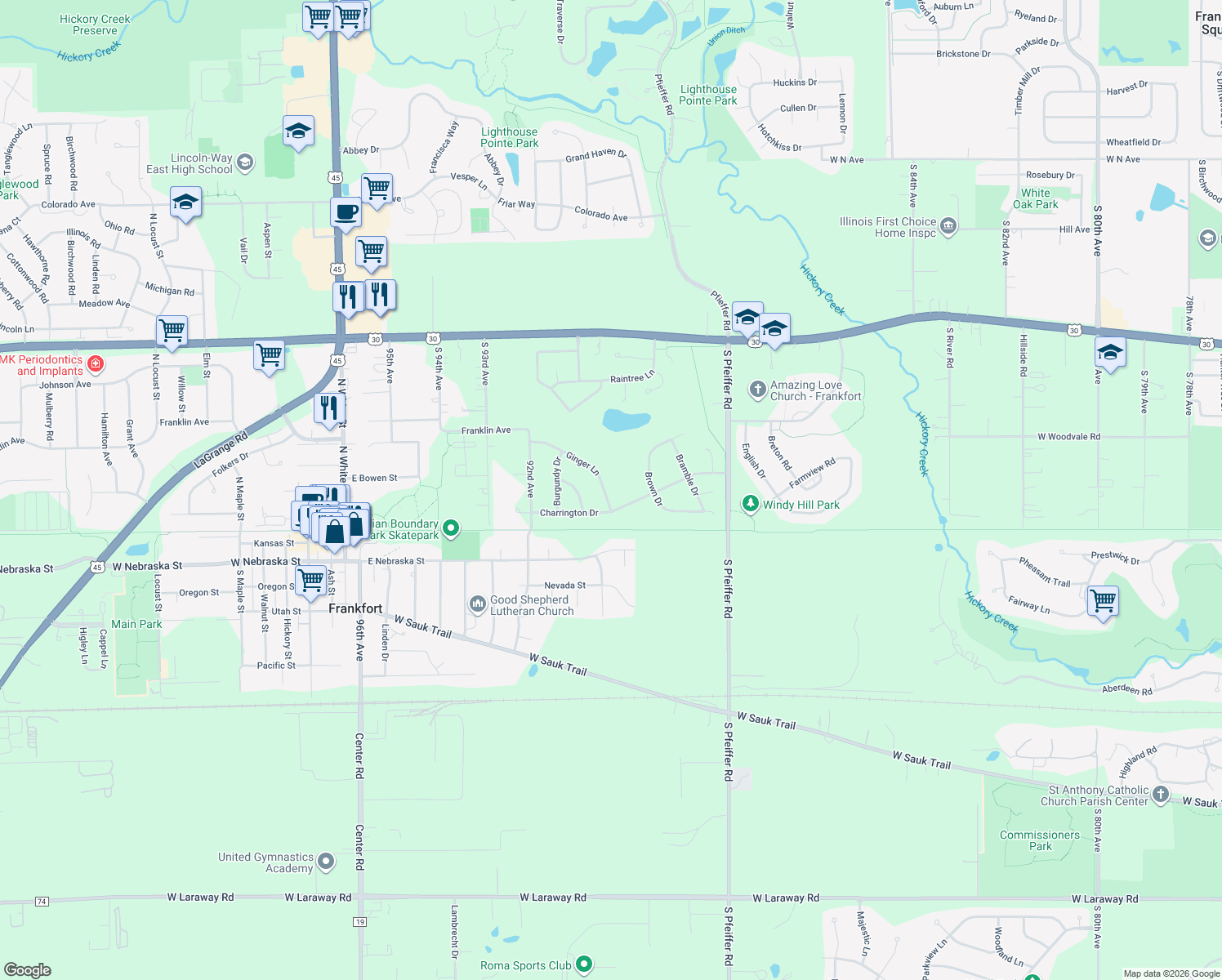 map of restaurants, bars, coffee shops, grocery stores, and more near 21427 Ginger Lane in Frankfort