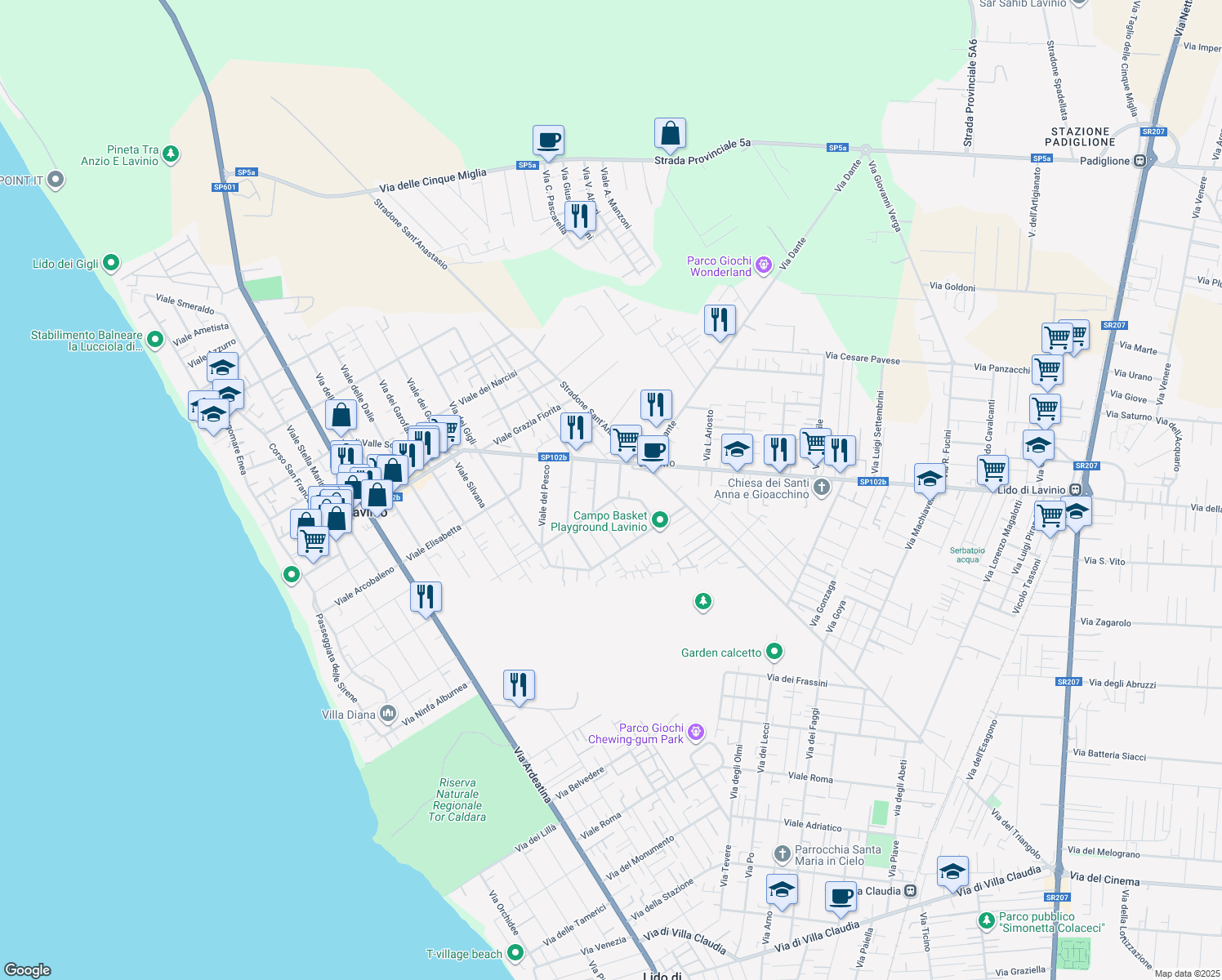 map of restaurants, bars, coffee shops, grocery stores, and more near 18 Via delle Pigne in Anzio