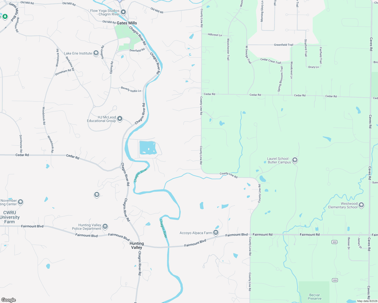 map of restaurants, bars, coffee shops, grocery stores, and more near 13200 County Line Road in Chagrin Falls