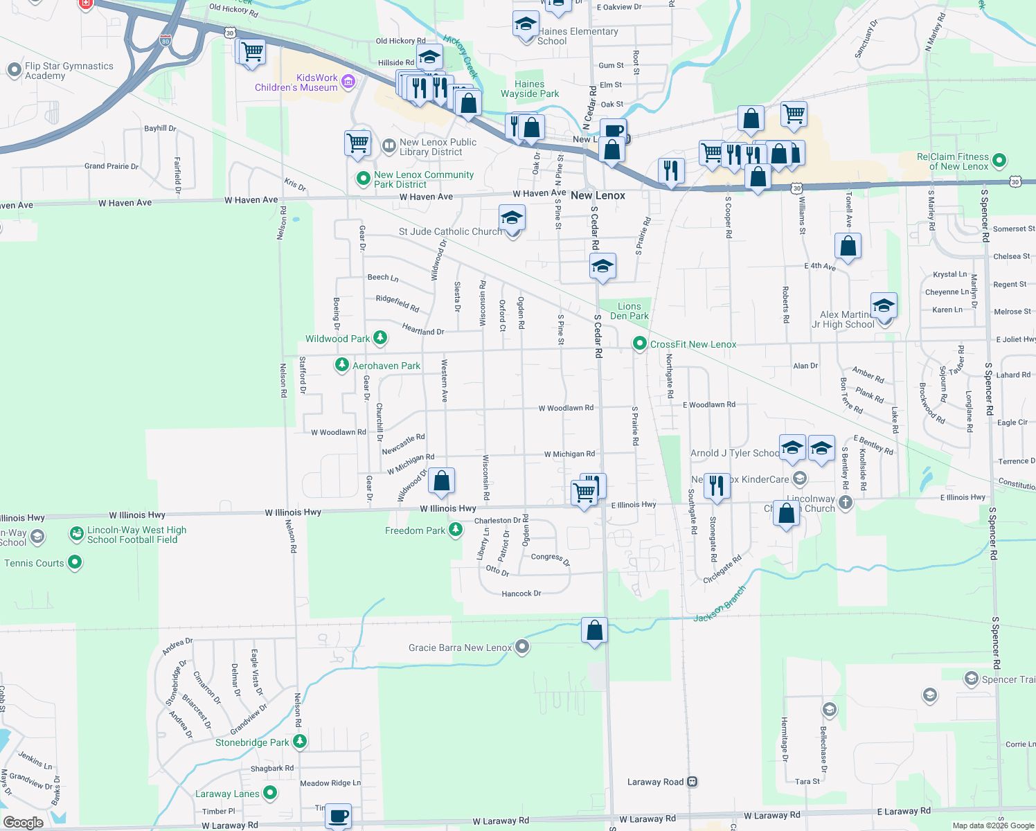 map of restaurants, bars, coffee shops, grocery stores, and more near 300 West Woodlawn Road in New Lenox