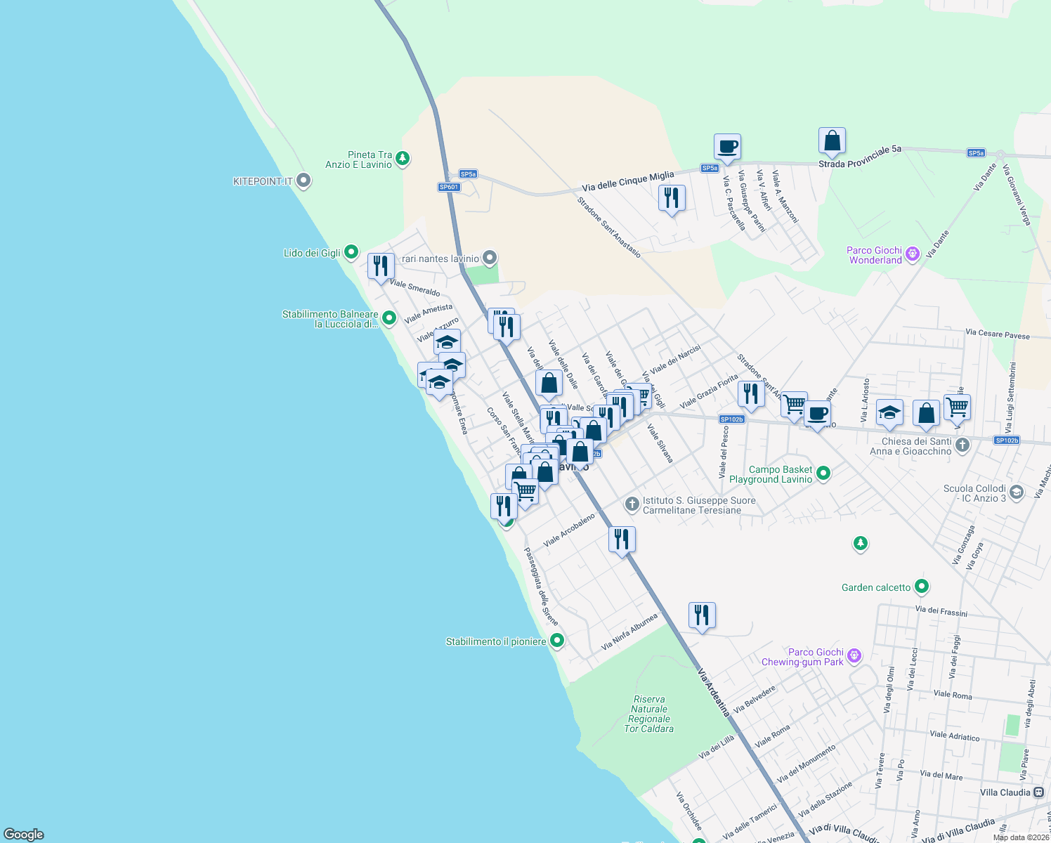 map of restaurants, bars, coffee shops, grocery stores, and more near 135 Via Ardeatina in Anzio