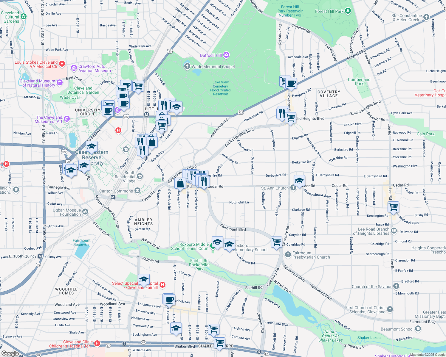 map of restaurants, bars, coffee shops, grocery stores, and more near 2534 Derbyshire Rd in Cleveland Heights