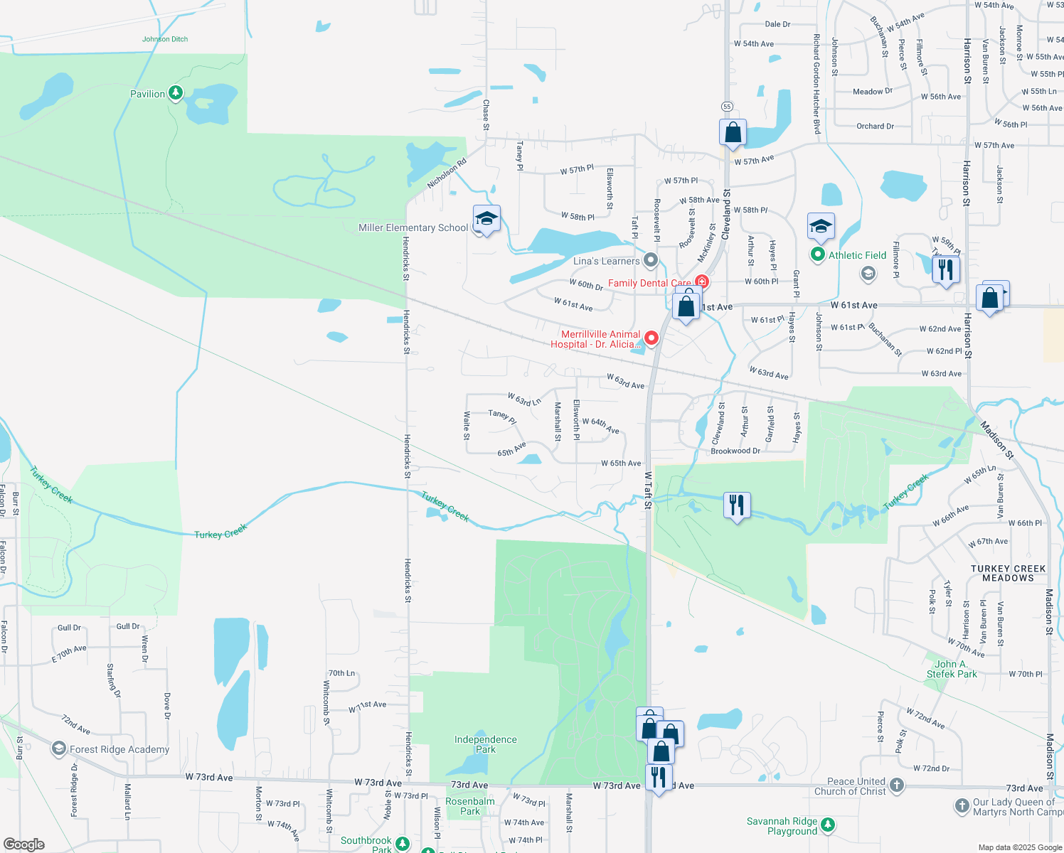 map of restaurants, bars, coffee shops, grocery stores, and more near 6398 Marshall Ct in Merrillville