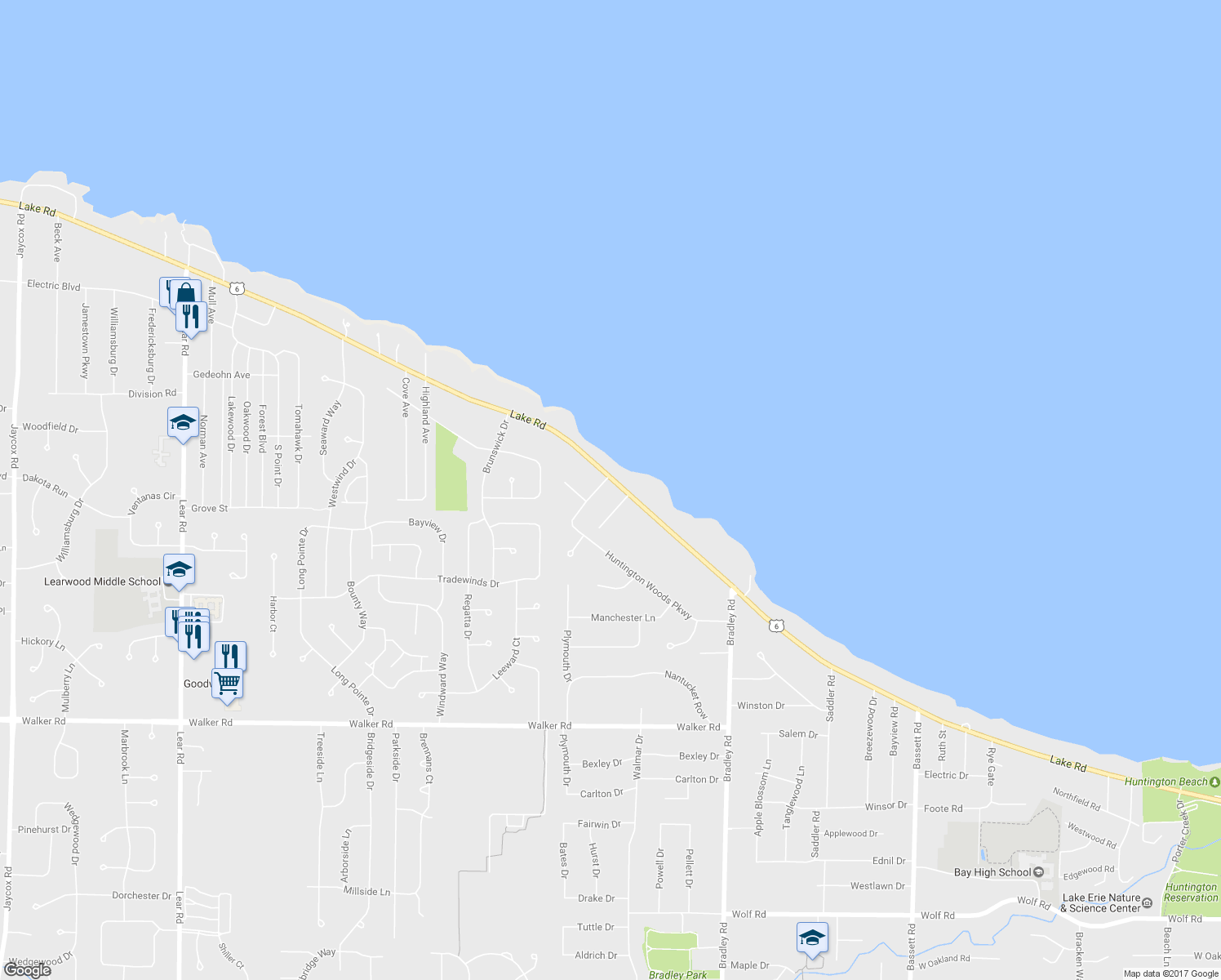 map of restaurants, bars, coffee shops, grocery stores, and more near 31419 Lake Rd in Bay Village