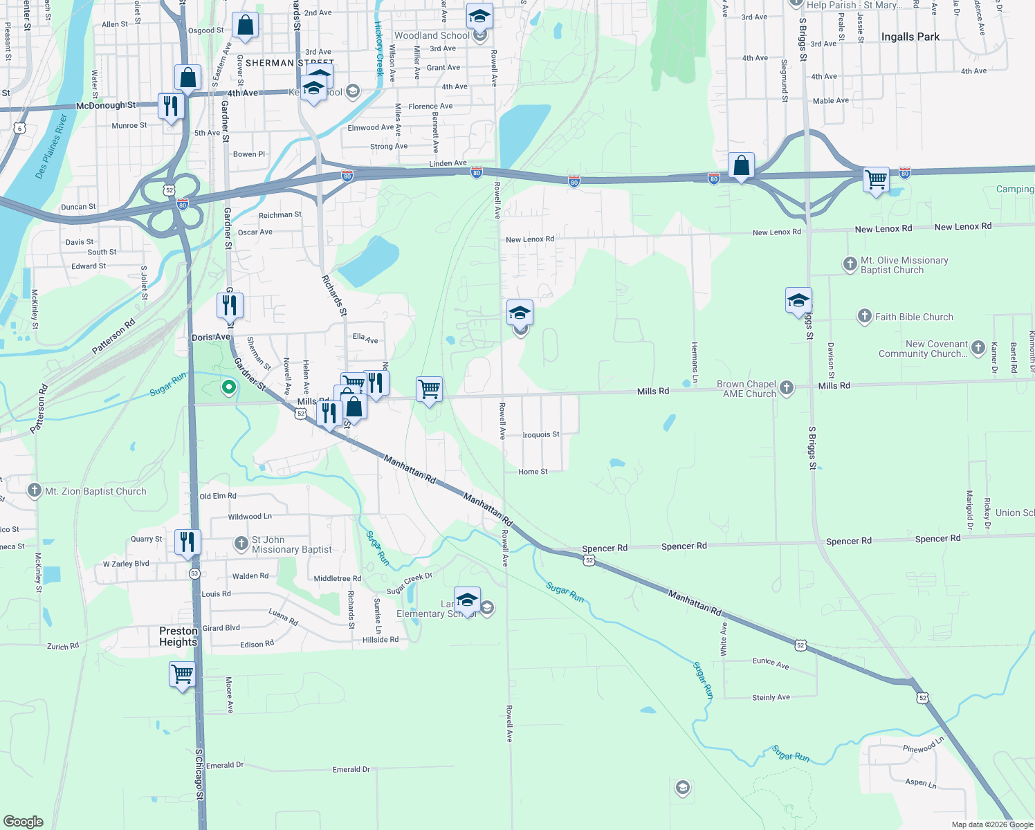 map of restaurants, bars, coffee shops, grocery stores, and more near 1217 Chippewa Street in Joliet