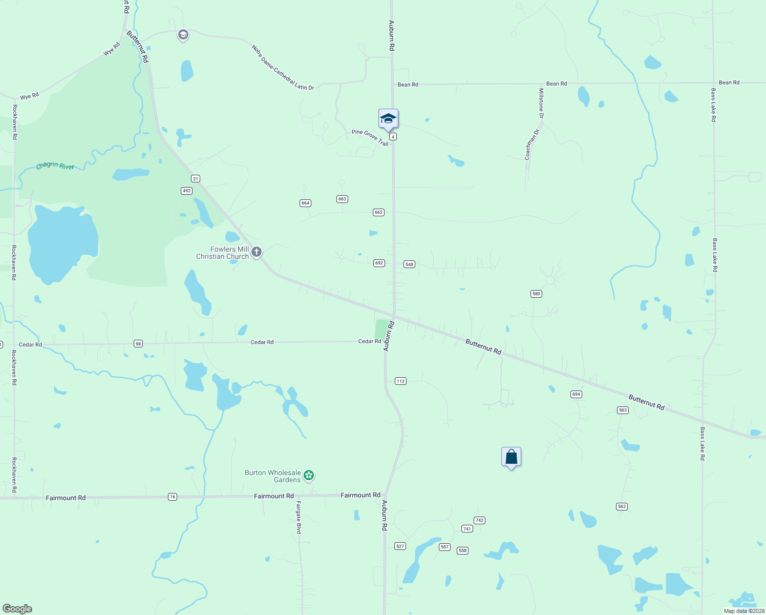 map of restaurants, bars, coffee shops, grocery stores, and more near 11064 Butternut Road in Chesterland