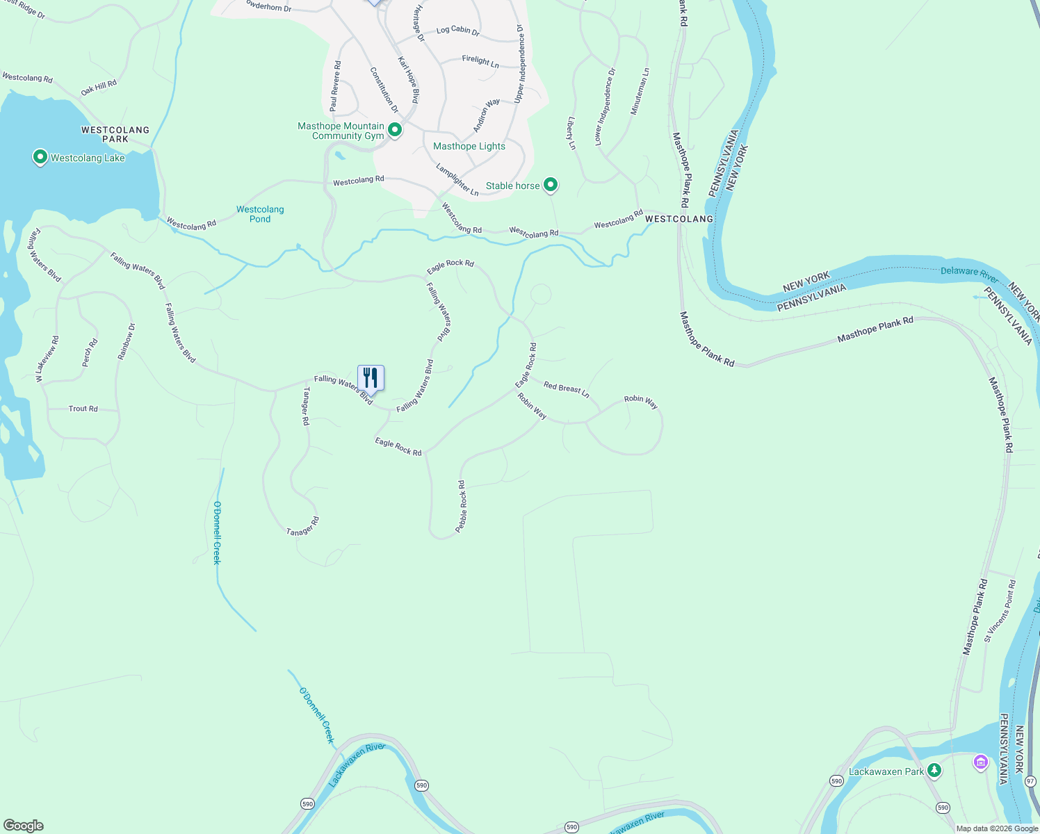 map of restaurants, bars, coffee shops, grocery stores, and more near 190 Eagle Rock Road in Lackawaxen