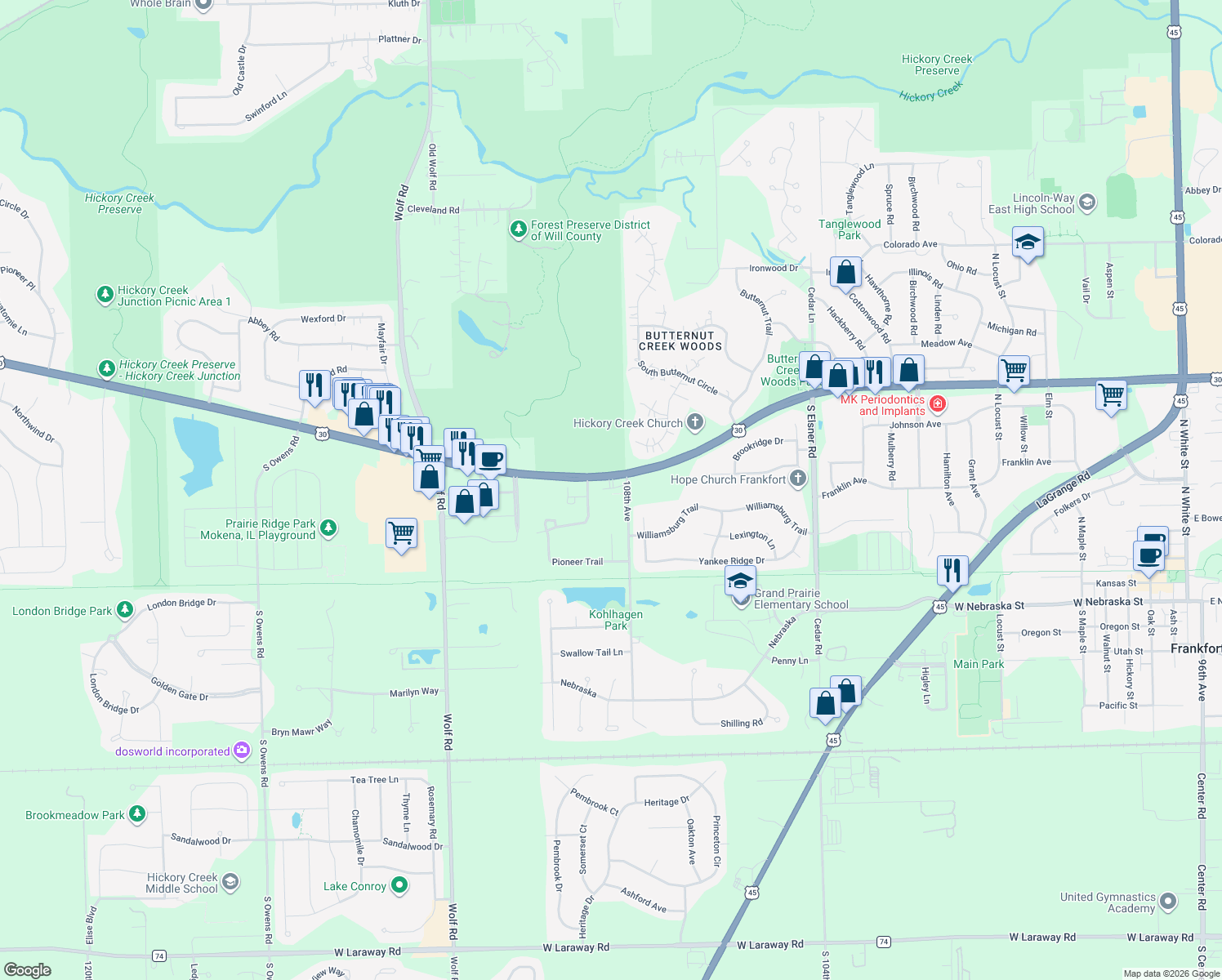 map of restaurants, bars, coffee shops, grocery stores, and more near 10841 W Lincoln Hwy in Frankfort