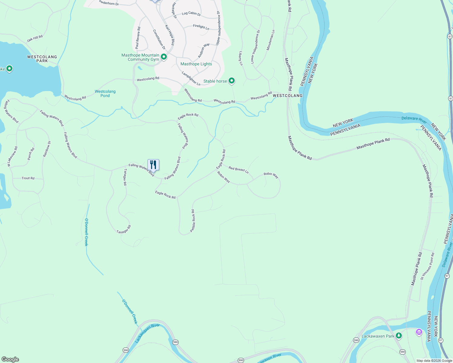 map of restaurants, bars, coffee shops, grocery stores, and more near 295-329 Pebble Rock Road in Lackawaxen