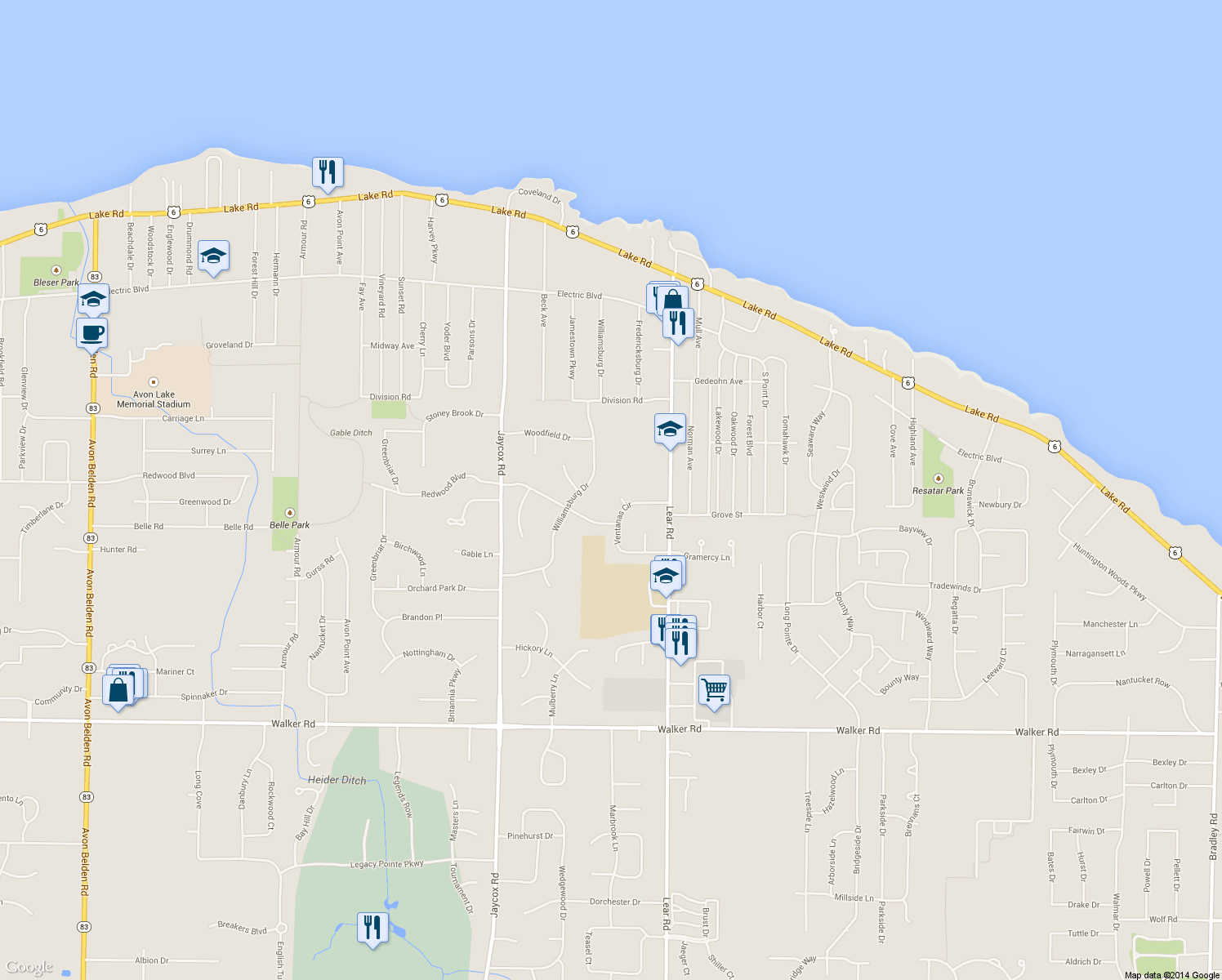 map of restaurants, bars, coffee shops, grocery stores, and more near 250 Pamilla Circle in Avon Lake