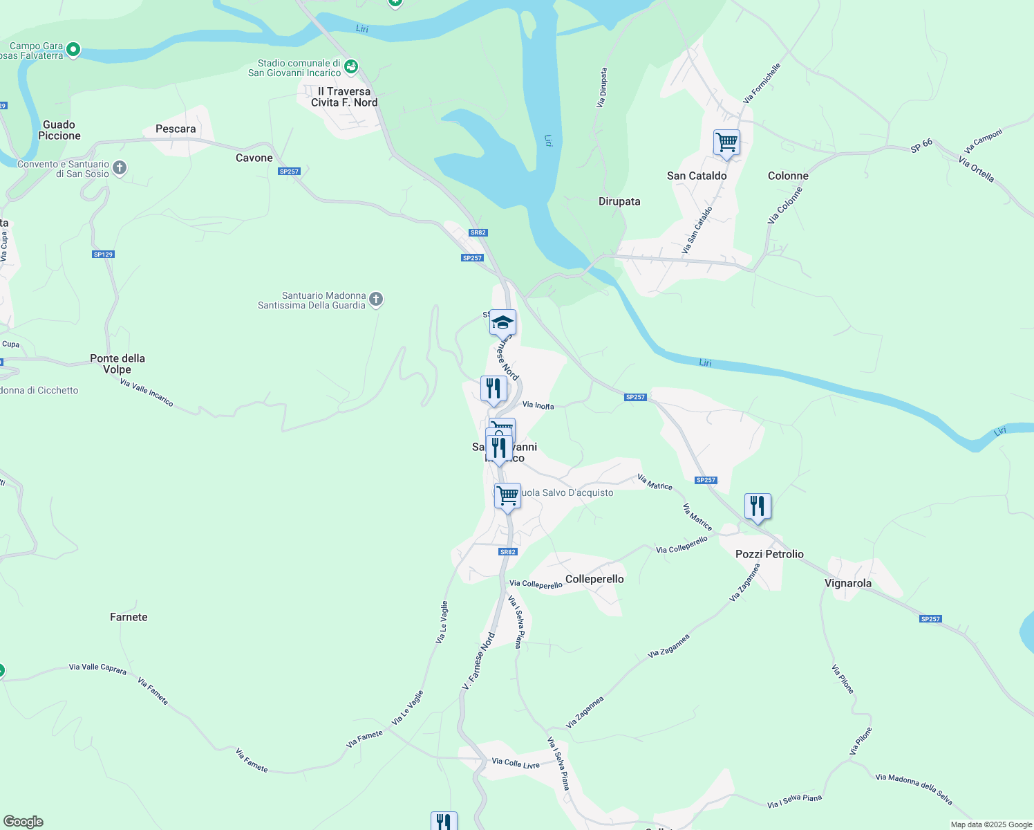 map of restaurants, bars, coffee shops, grocery stores, and more near 36 Strada Regionale 82 in San Giovanni Incarico