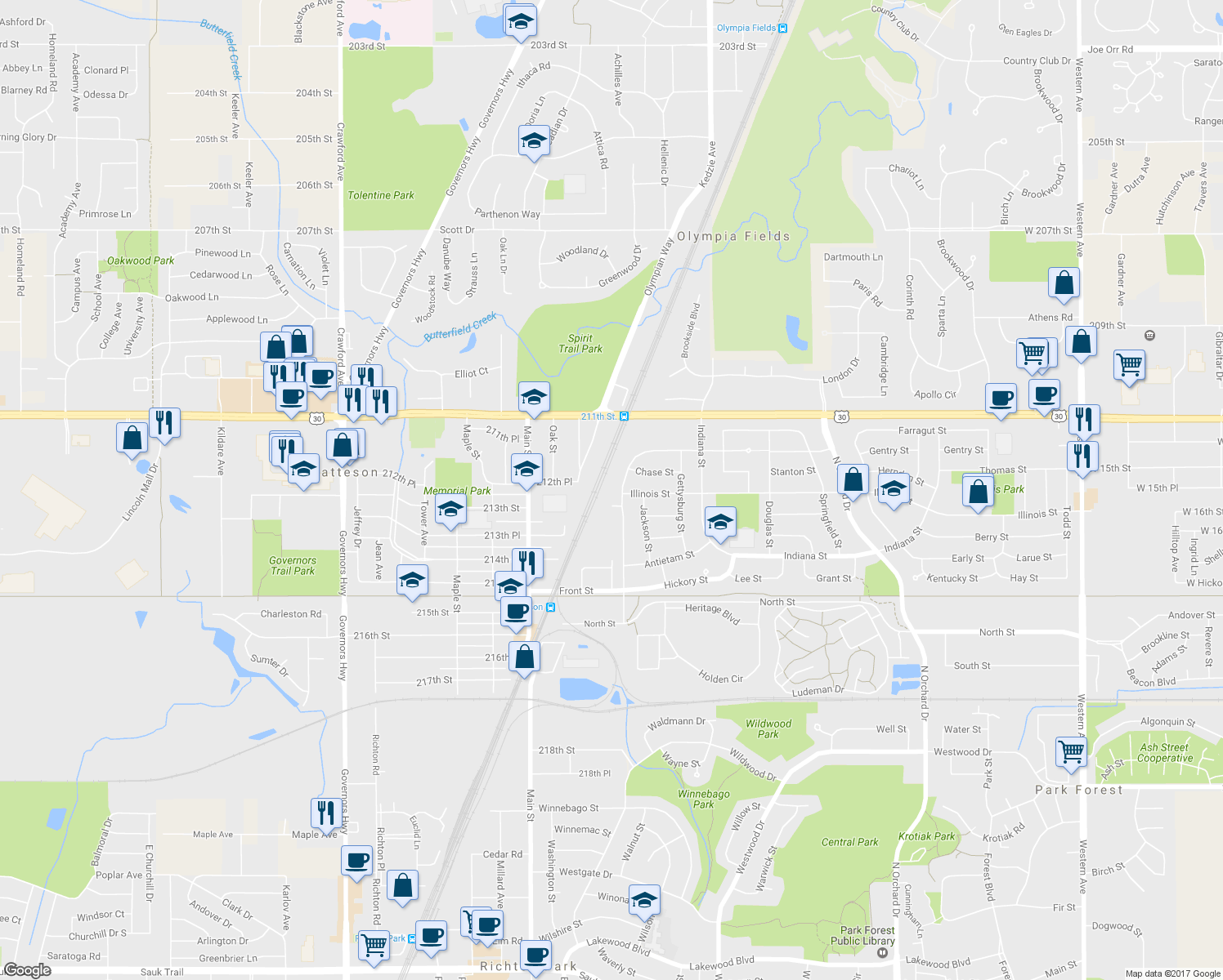 map of restaurants, bars, coffee shops, grocery stores, and more near 540 Homan Avenue in Park Forest