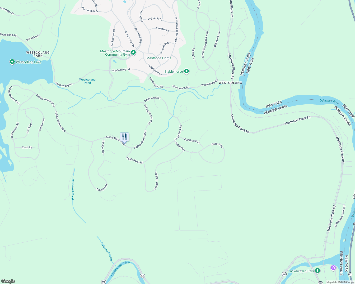 map of restaurants, bars, coffee shops, grocery stores, and more near Red Breast Lane in Lackawaxen