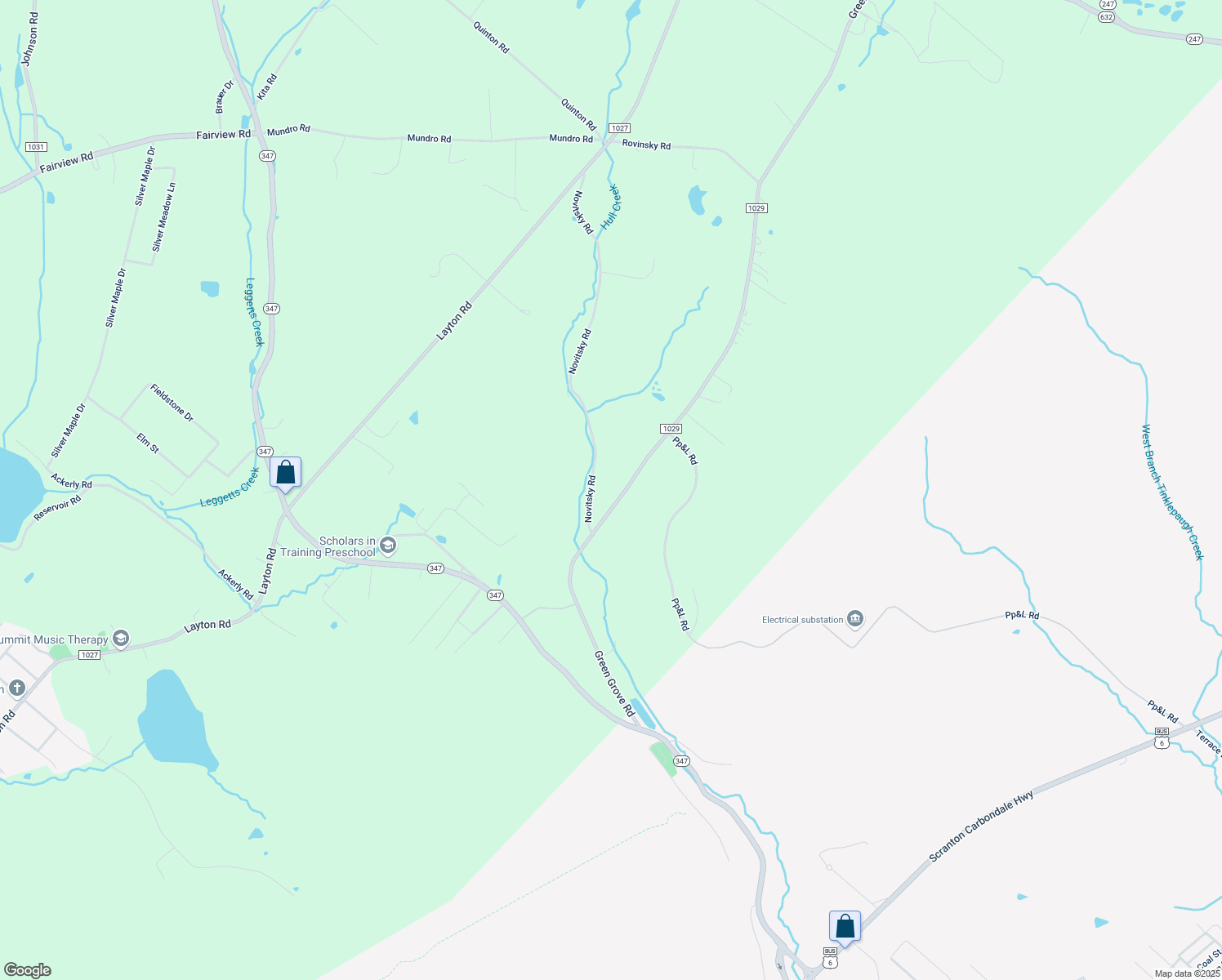 map of restaurants, bars, coffee shops, grocery stores, and more near Green Grove Rd in Olyphant