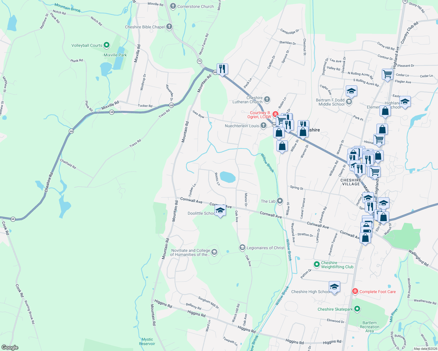 map of restaurants, bars, coffee shops, grocery stores, and more near 726 Rustic Ln in Cheshire