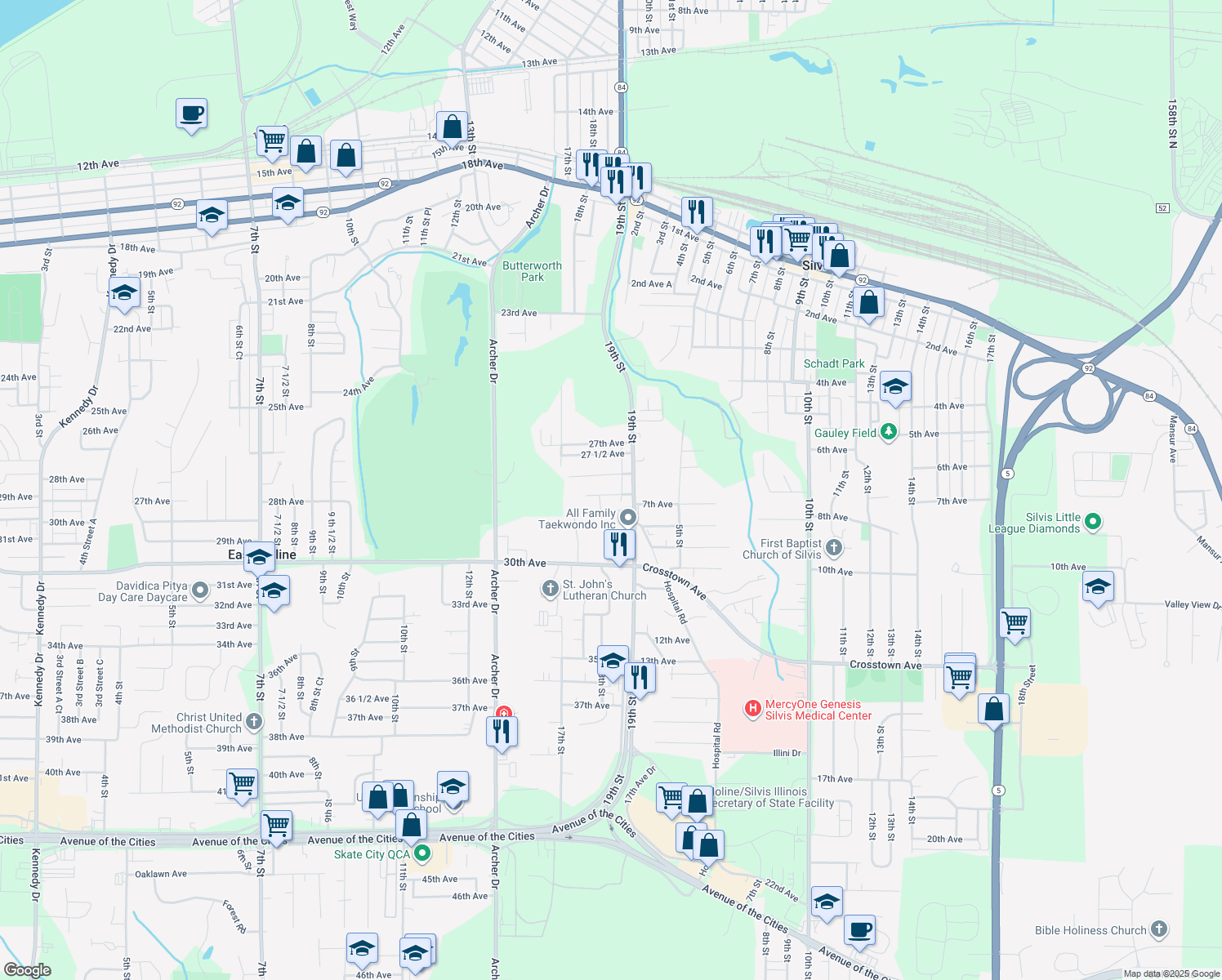 map of restaurants, bars, coffee shops, grocery stores, and more near 1833 28th 1/2 Avenue in East Moline