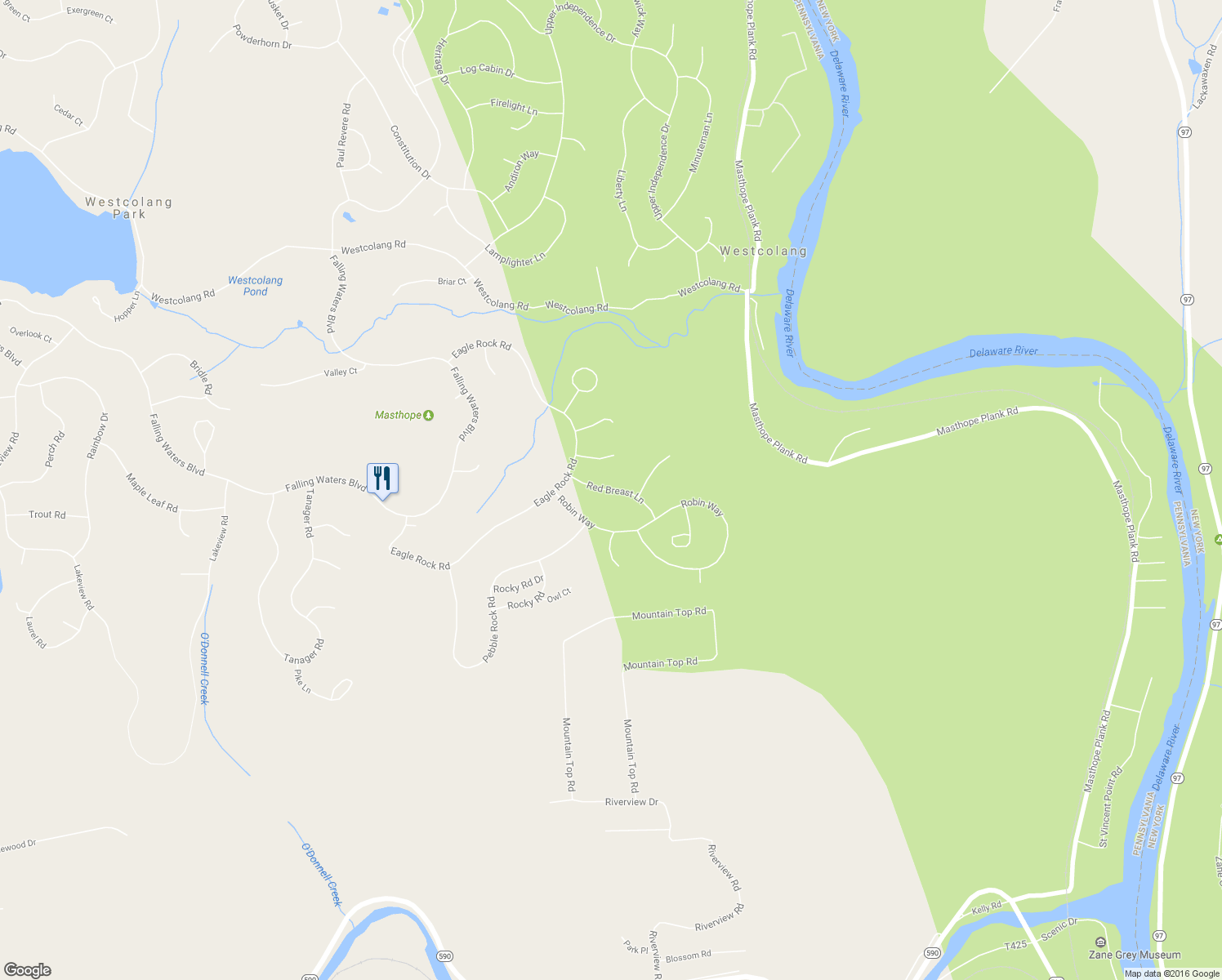 map of restaurants, bars, coffee shops, grocery stores, and more near Red Breast Lane in Lackawaxen