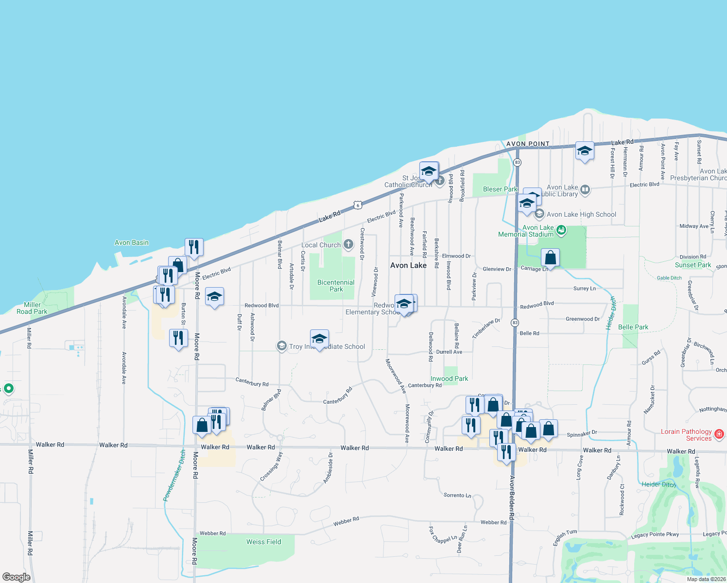 map of restaurants, bars, coffee shops, grocery stores, and more near 221 Crestwood Drive in Avon Lake