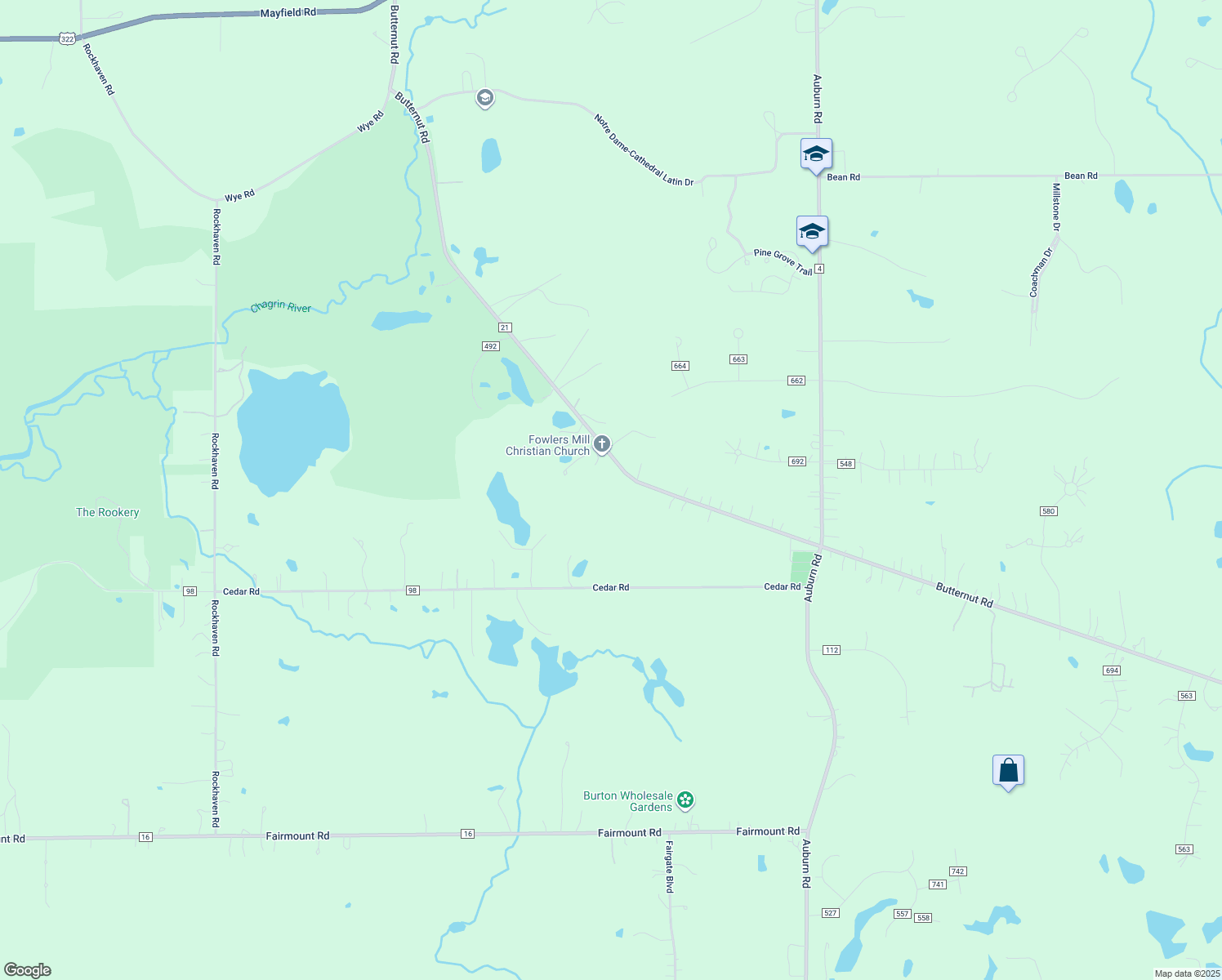 map of restaurants, bars, coffee shops, grocery stores, and more near 10823 Butternut Road in Chesterland