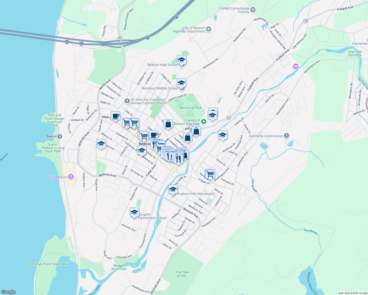 map of restaurants, bars, coffee shops, grocery stores, and more near 33 Davis Street in Beacon