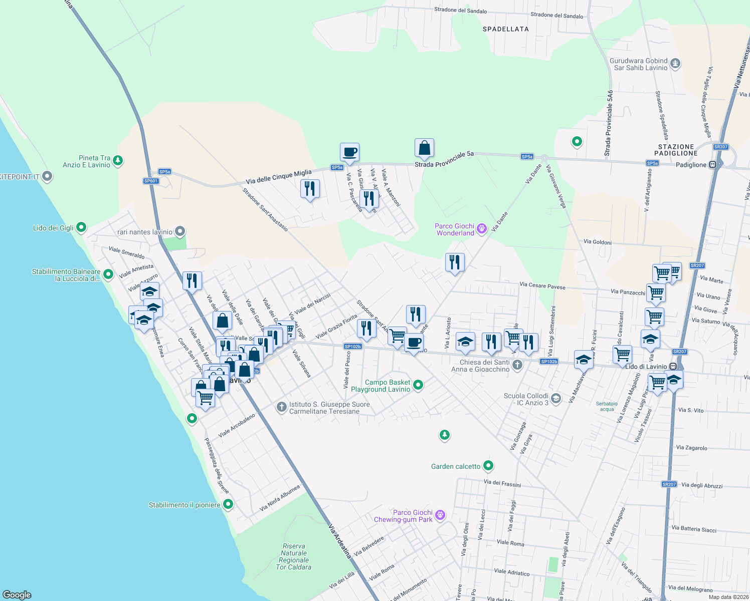 map of restaurants, bars, coffee shops, grocery stores, and more near 59 Viale Grazia Fiorita in Anzio