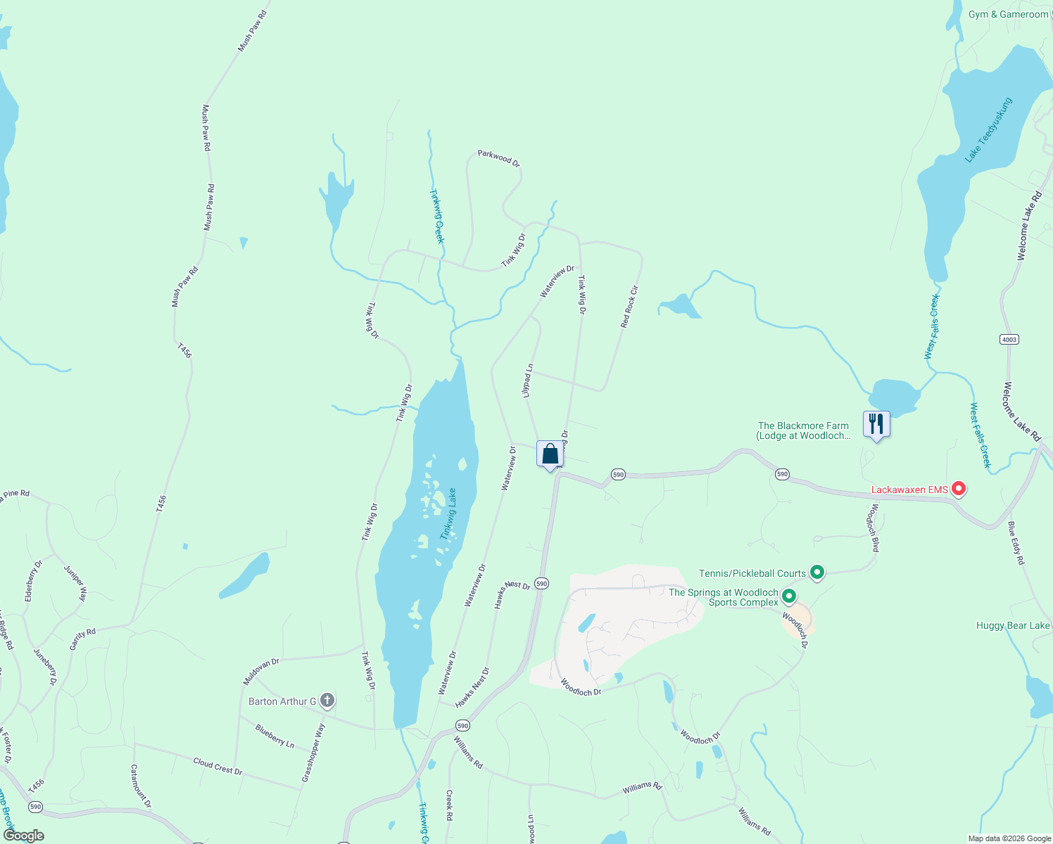 map of restaurants, bars, coffee shops, grocery stores, and more near 102 Lilypad Lane in Hawley