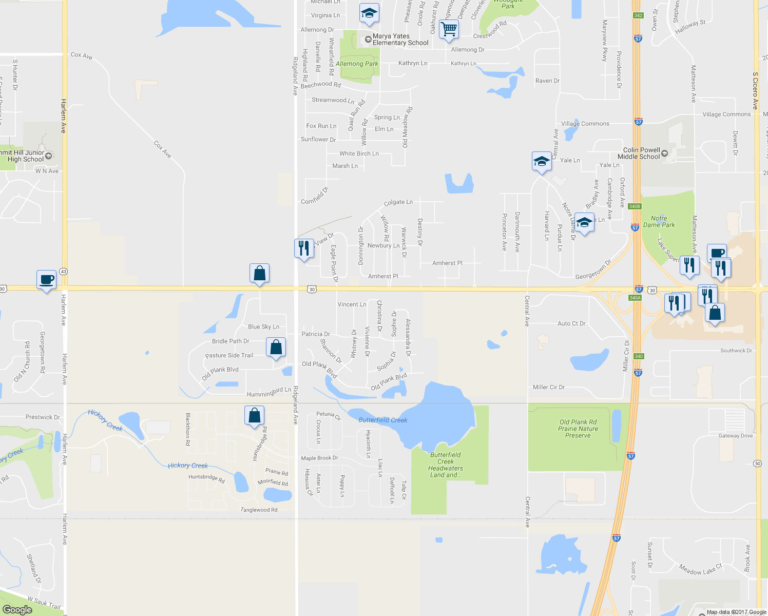 map of restaurants, bars, coffee shops, grocery stores, and more near 21125 Christina Drive in Matteson