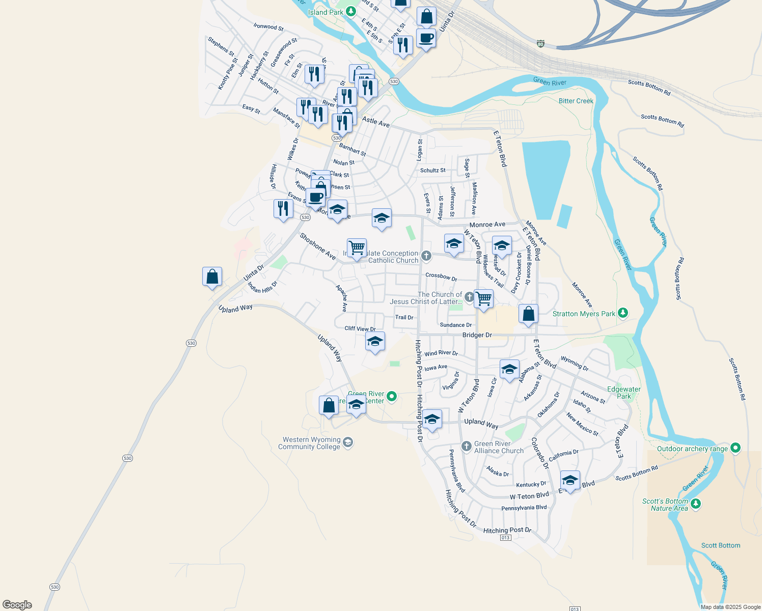 map of restaurants, bars, coffee shops, grocery stores, and more near 270 Clear View Dr in Green River
