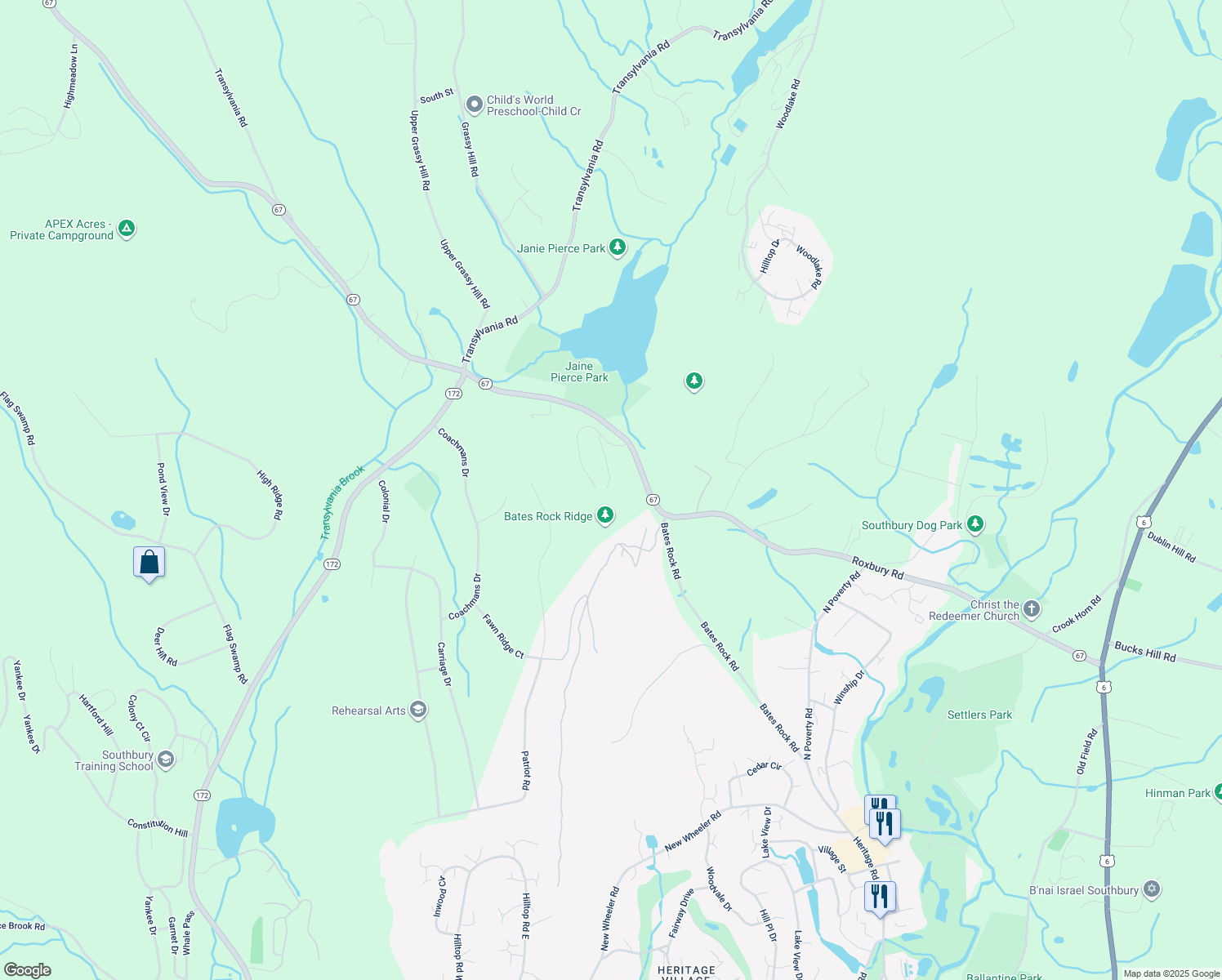 map of restaurants, bars, coffee shops, grocery stores, and more near 43 Country Woods Lane in Southbury