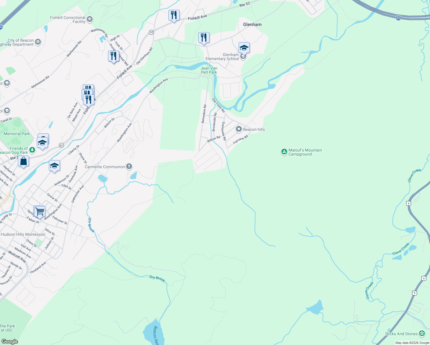 map of restaurants, bars, coffee shops, grocery stores, and more near 9 Hideaway Place in Beacon