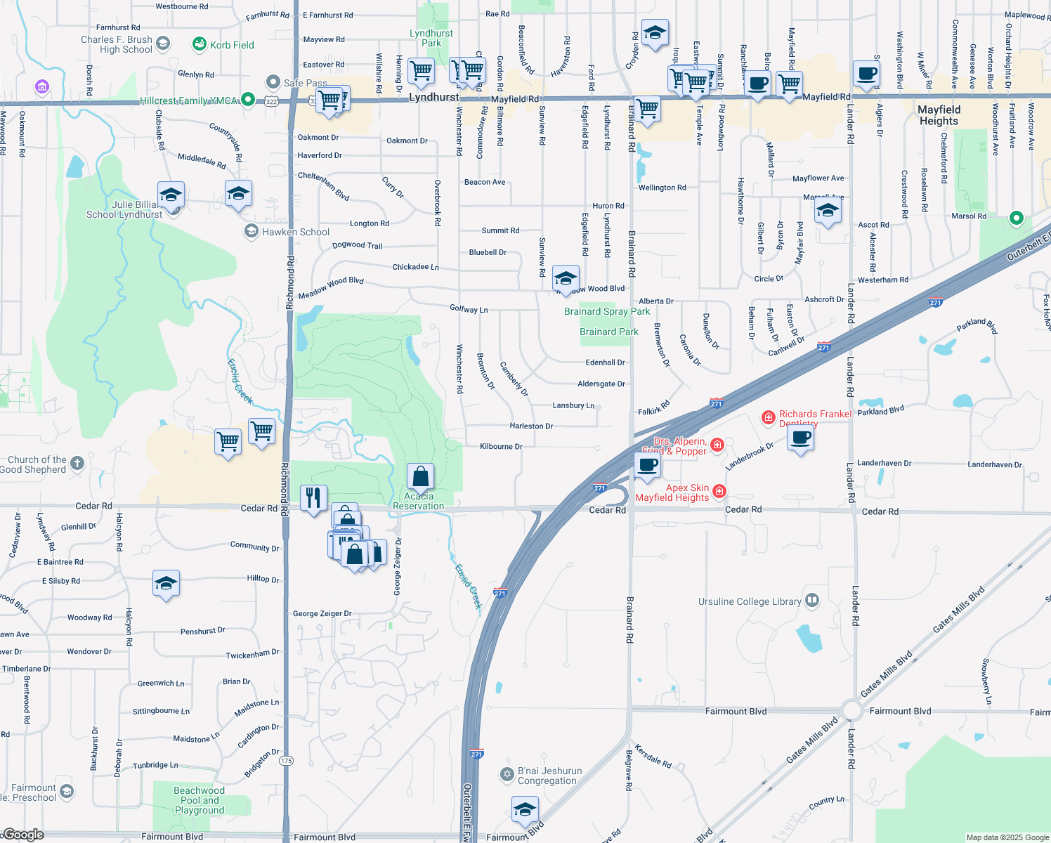 map of restaurants, bars, coffee shops, grocery stores, and more near 5453 Harleston Dr in Lyndhurst
