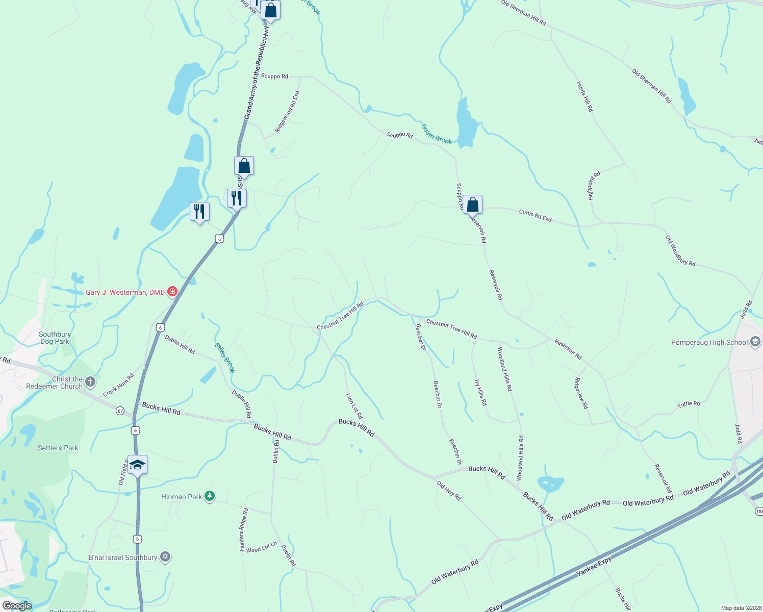 map of restaurants, bars, coffee shops, grocery stores, and more near 484 Chestnut Tree Hill Road in Southbury