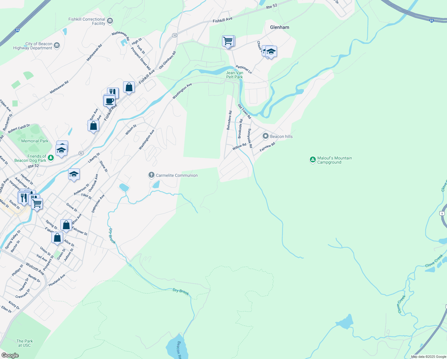 map of restaurants, bars, coffee shops, grocery stores, and more near 26 Blue Grass Lane in Beacon