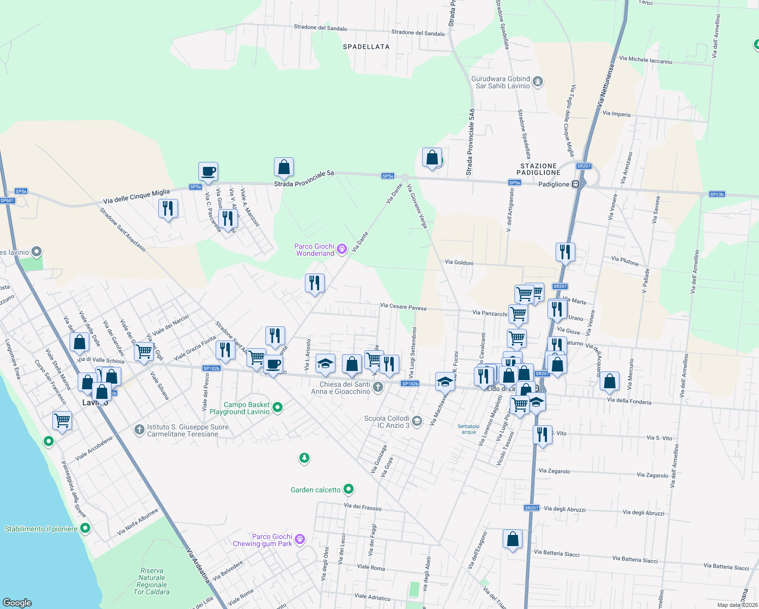 map of restaurants, bars, coffee shops, grocery stores, and more near 54 Via Cesare Pavese in Anzio