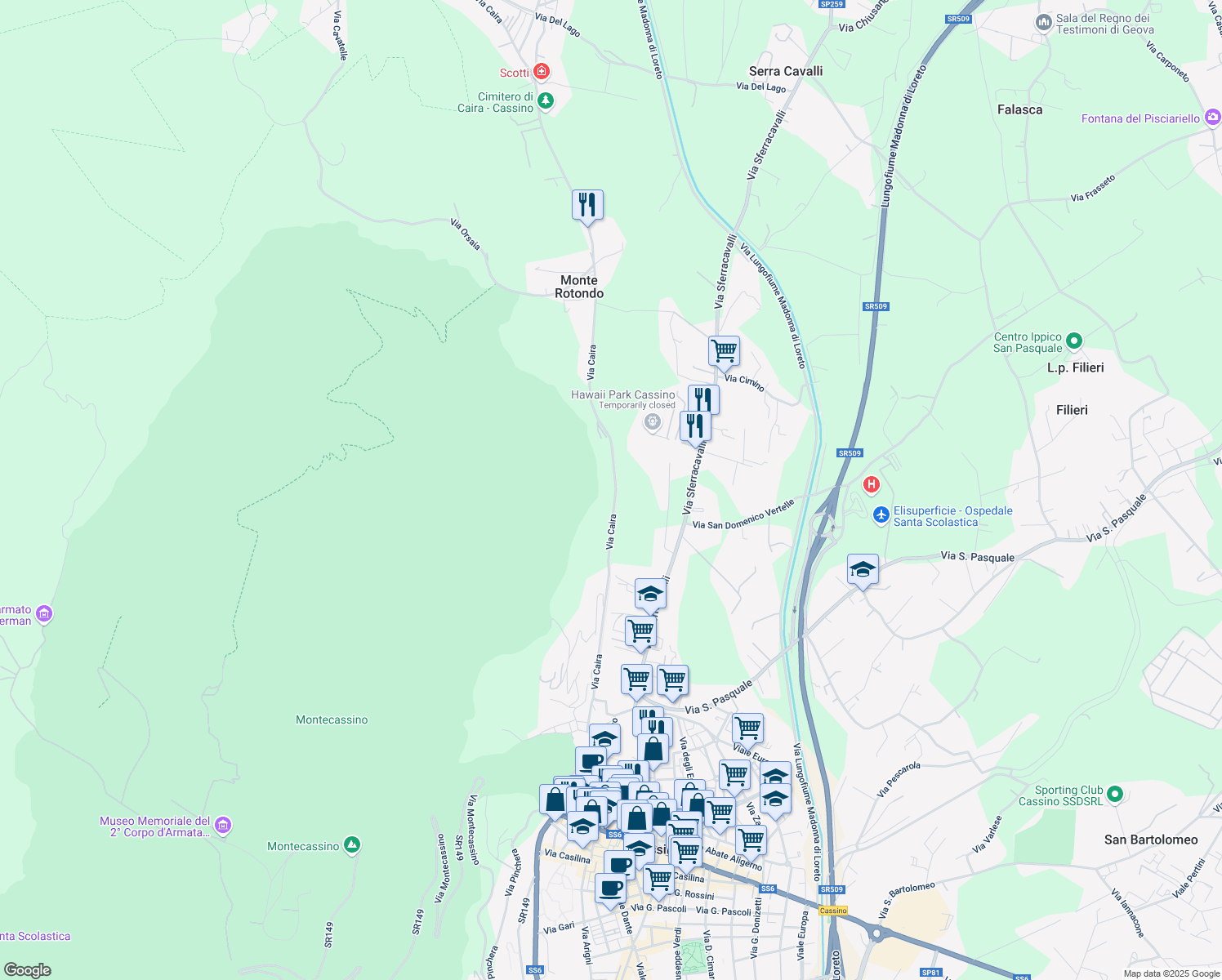 map of restaurants, bars, coffee shops, grocery stores, and more near 47 Via Caira in Provincia di Frosinone
