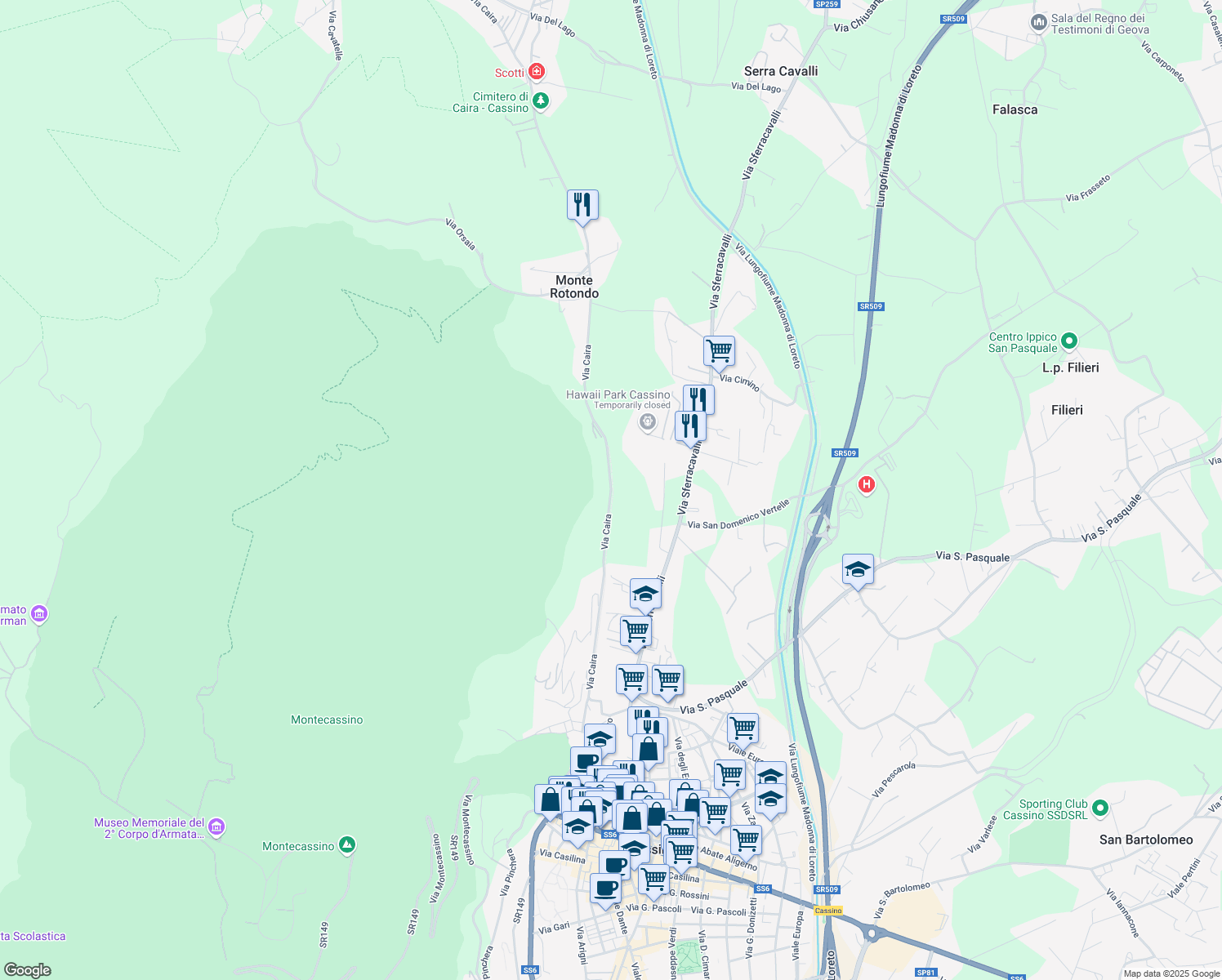 map of restaurants, bars, coffee shops, grocery stores, and more near 47 Via Caira in Provincia di Frosinone