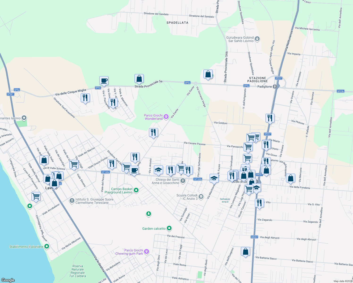 map of restaurants, bars, coffee shops, grocery stores, and more near 54 Via Cesare Pavese in Anzio