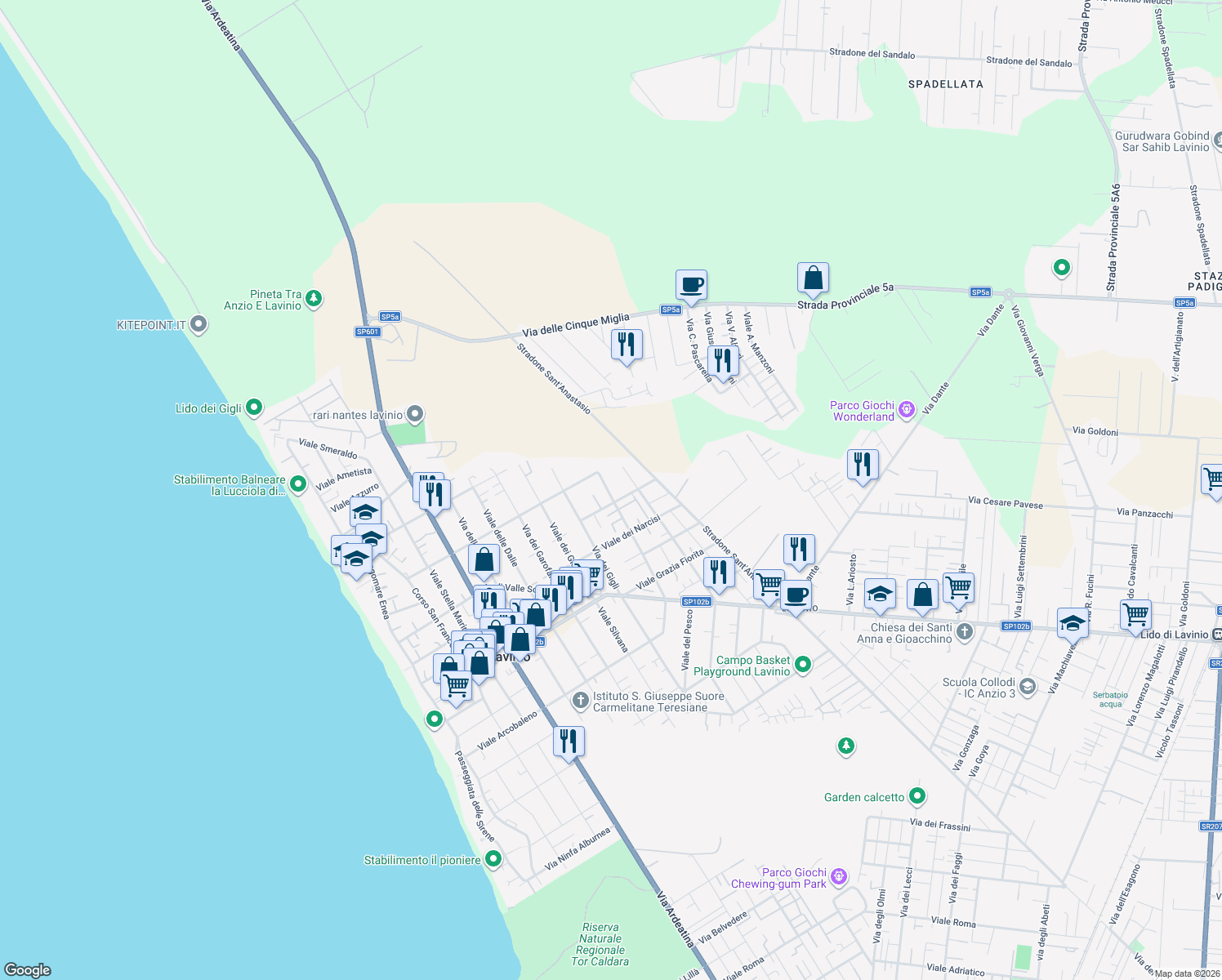 map of restaurants, bars, coffee shops, grocery stores, and more near 48 Viale delle Isole in Anzio
