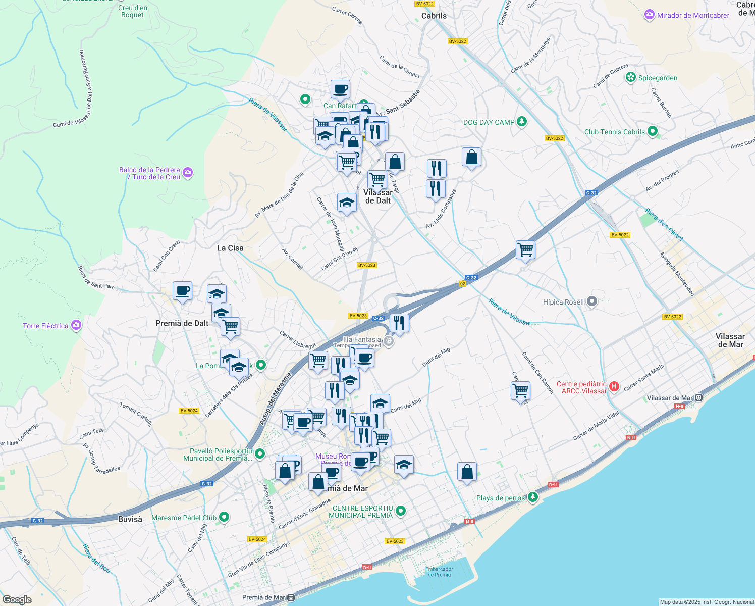 map of restaurants, bars, coffee shops, grocery stores, and more near 7 Carrer Cervantes in Vilassar de Dalt