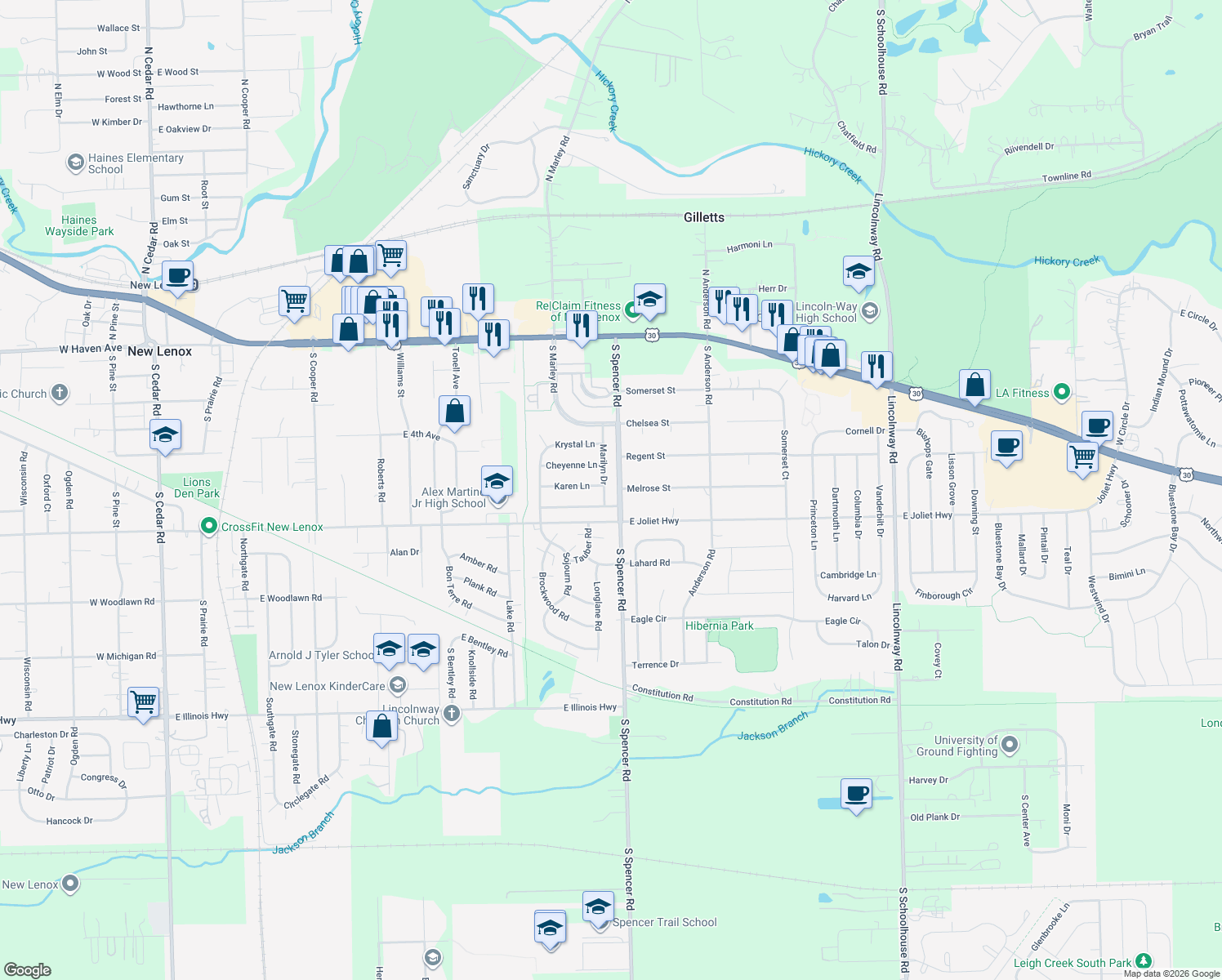 map of restaurants, bars, coffee shops, grocery stores, and more near 664 Marilyn Drive in New Lenox