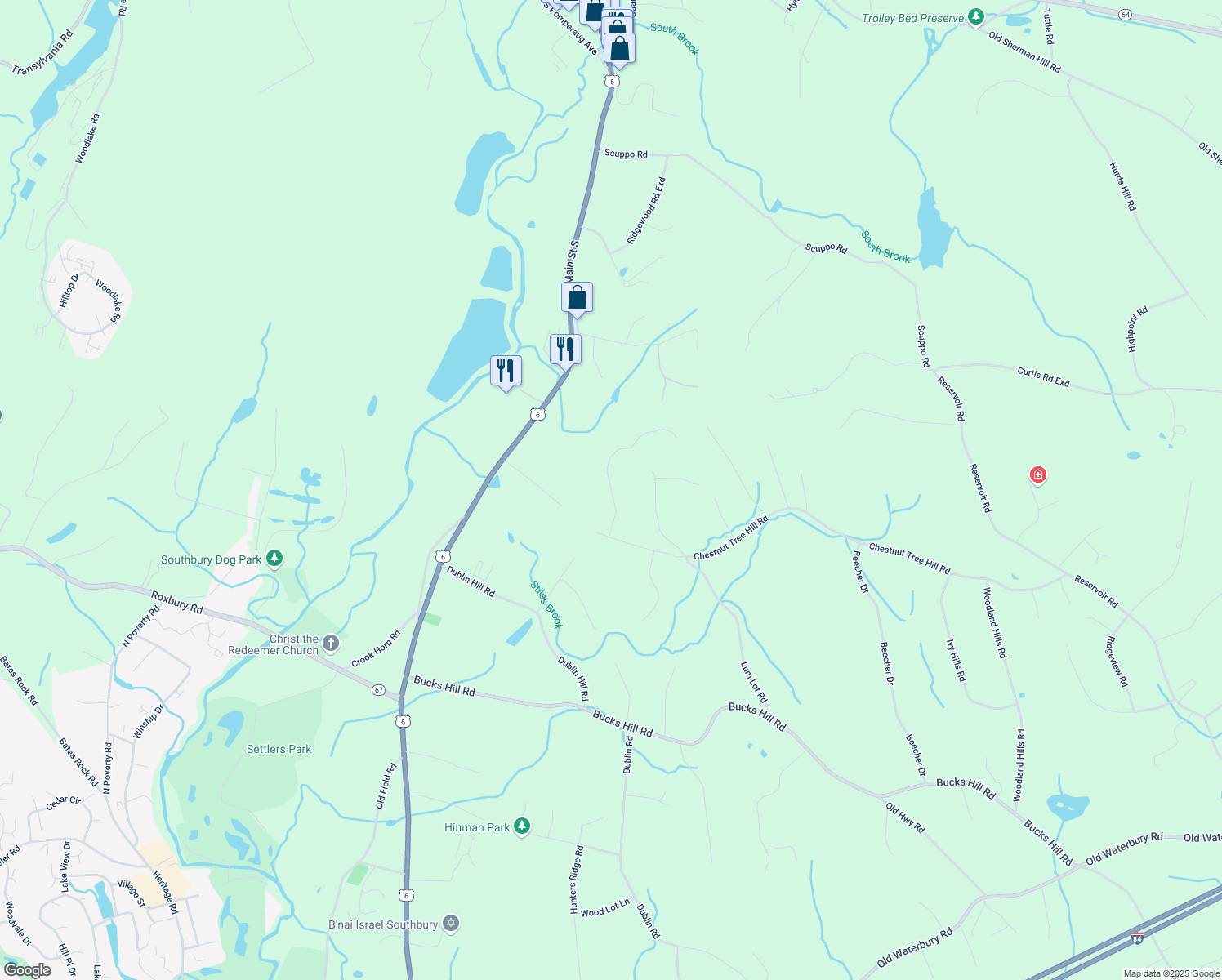 map of restaurants, bars, coffee shops, grocery stores, and more near 60 Hillcrest Drive in Southbury
