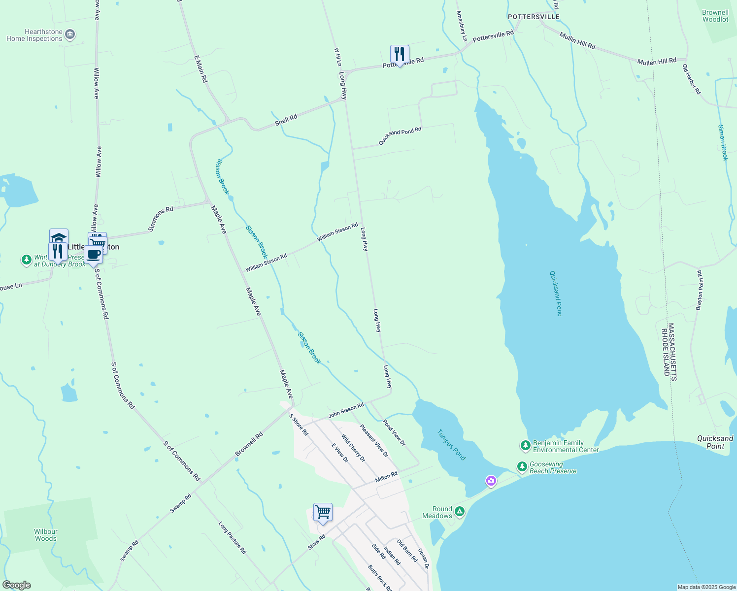 map of restaurants, bars, coffee shops, grocery stores, and more near 491 Long Highway in Little Compton