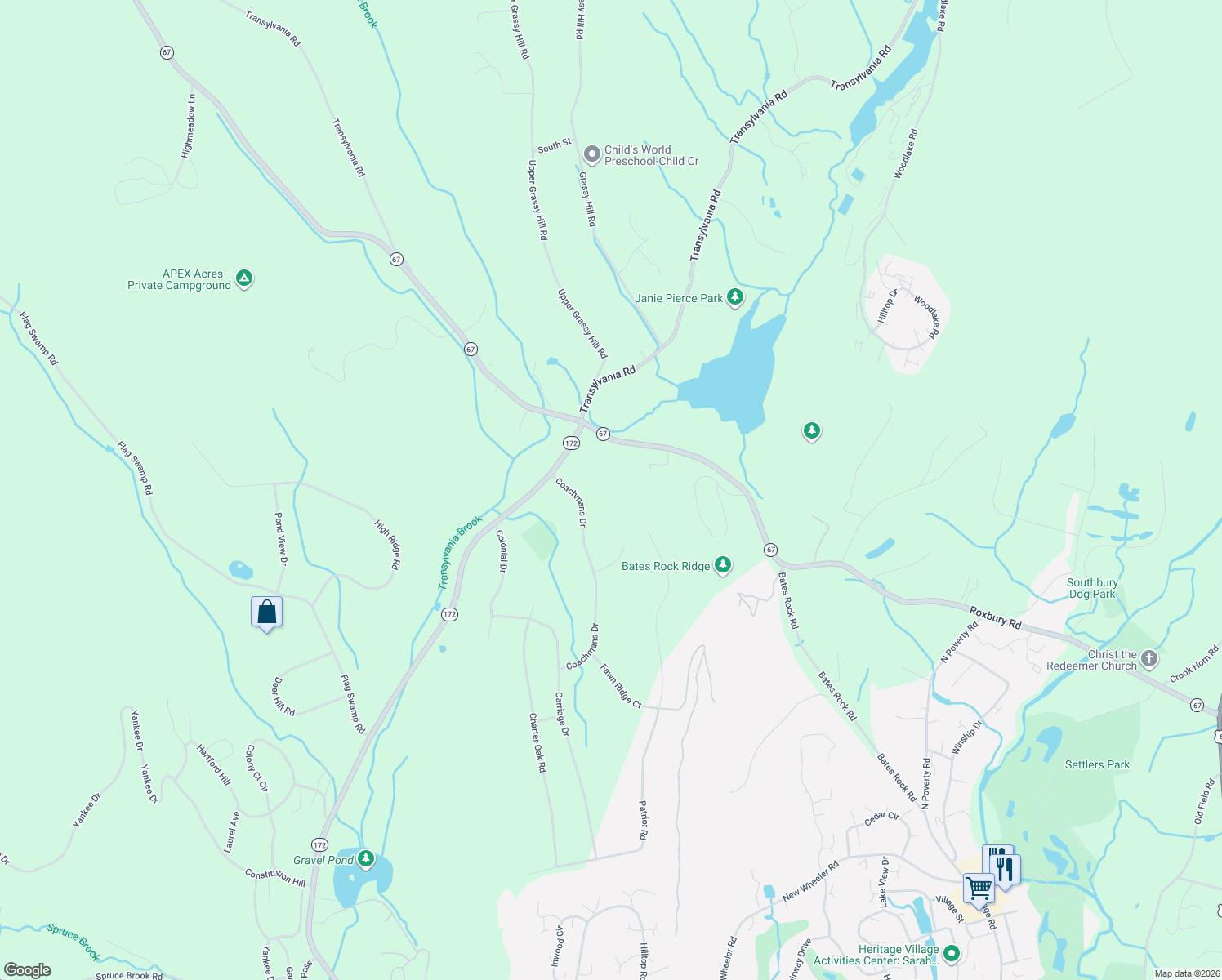 map of restaurants, bars, coffee shops, grocery stores, and more near 99 Coachmans Drive in Southbury