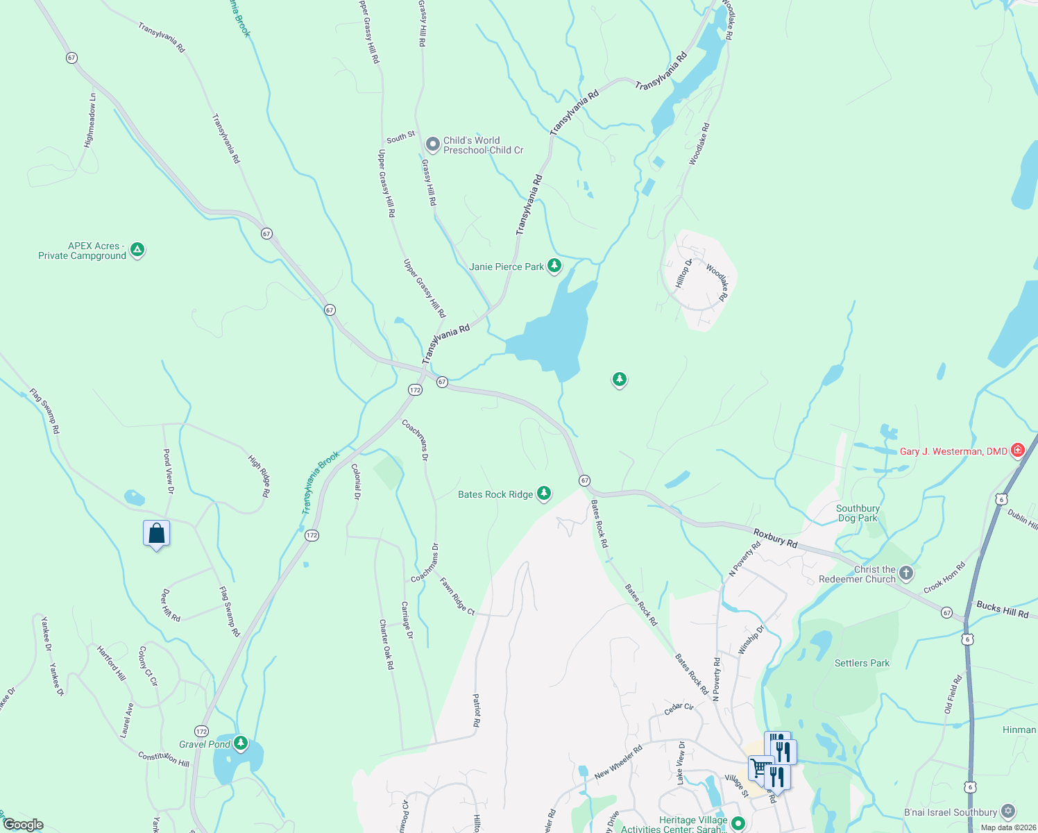 map of restaurants, bars, coffee shops, grocery stores, and more near 88 Country Woods Lane in Southbury