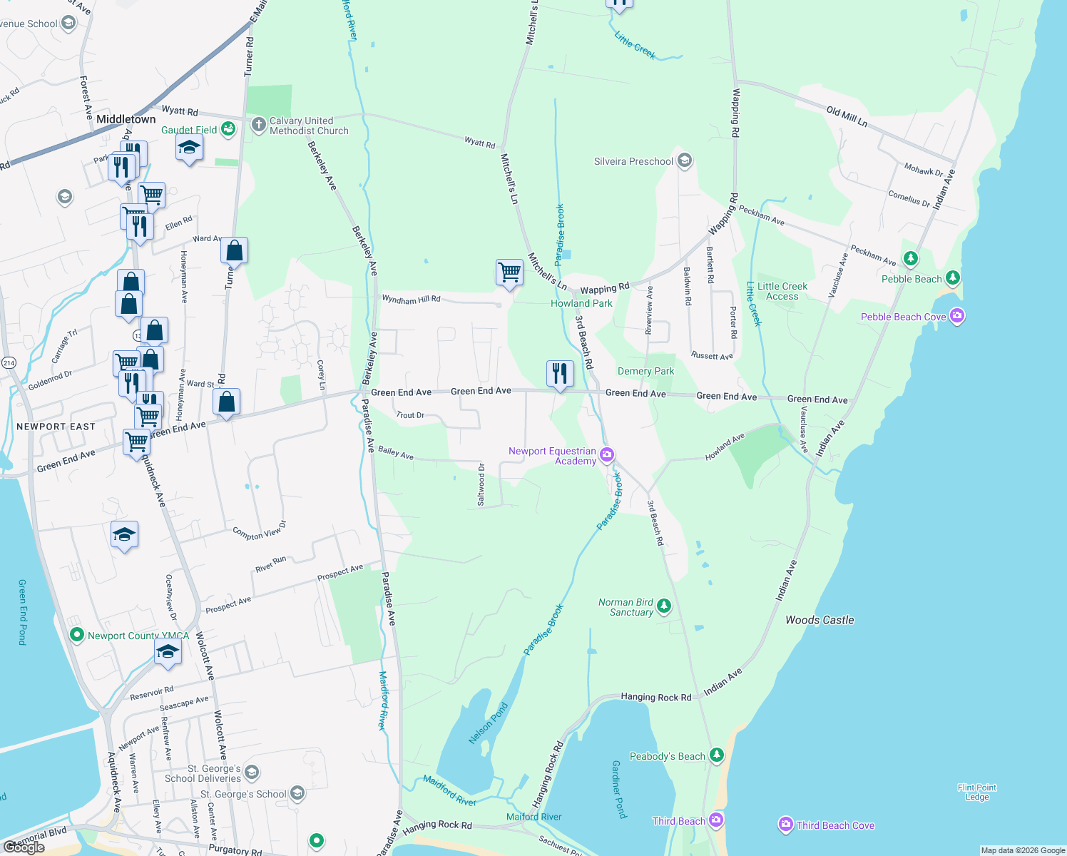 map of restaurants, bars, coffee shops, grocery stores, and more near 60 Sachuest Way in Middletown