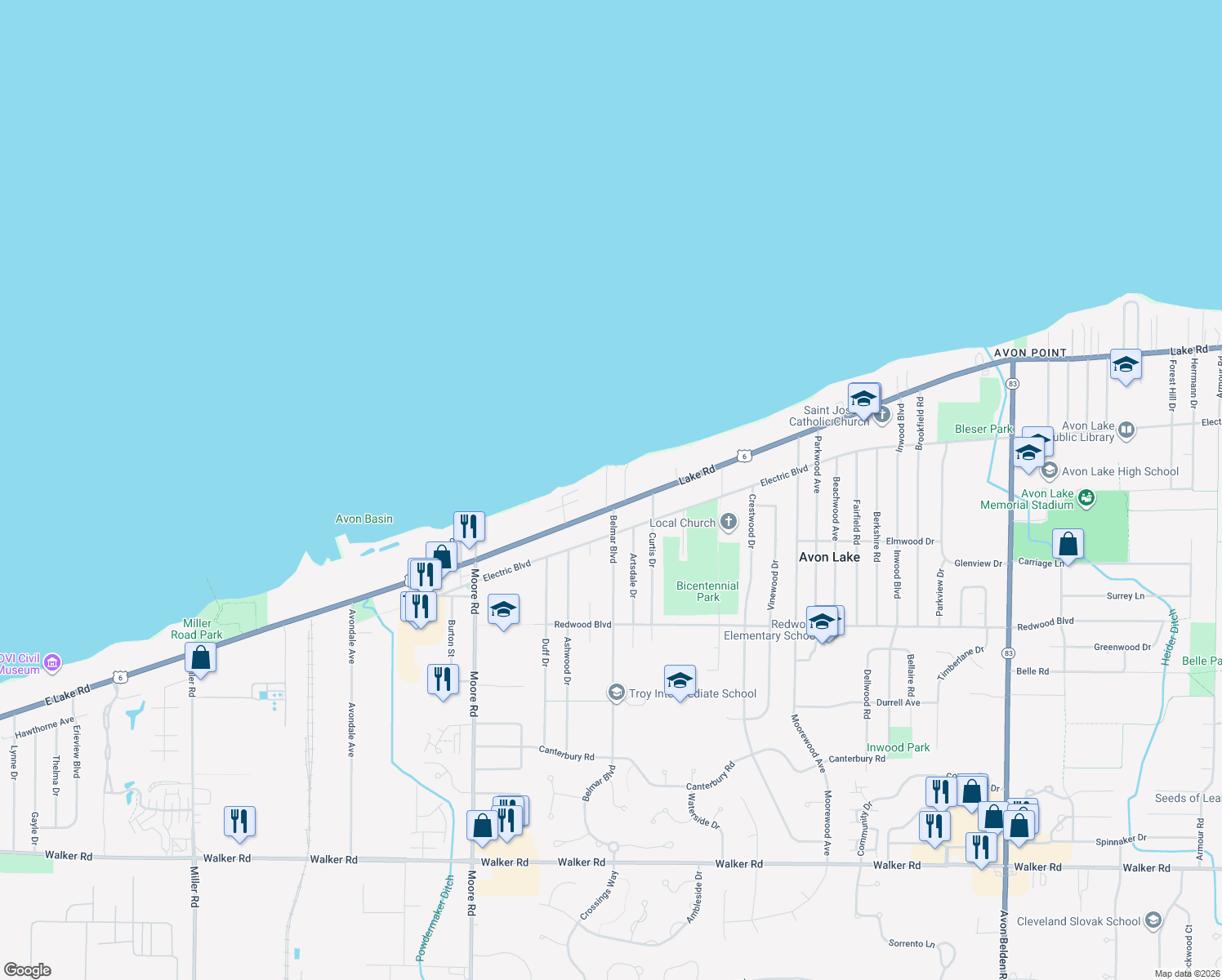 map of restaurants, bars, coffee shops, grocery stores, and more near 87 Rosewood Dr in Avon Lake
