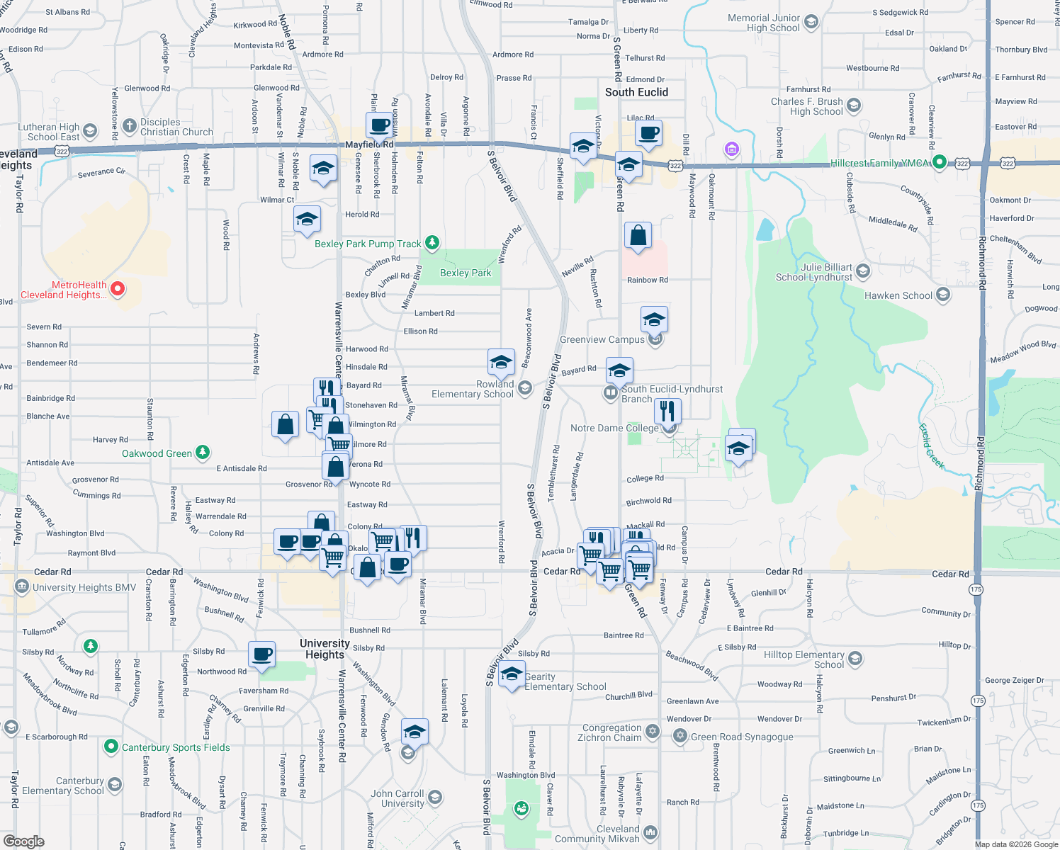 map of restaurants, bars, coffee shops, grocery stores, and more near 1900 South Belvoir Boulevard in South Euclid